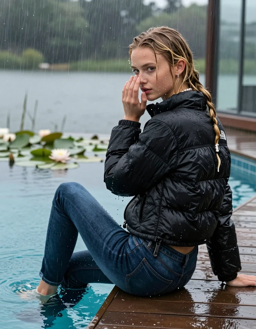 photo of young woman, in soaking wet, drenched clothes,
Flate Heels, Dark tight skinny Levi’s Jeans , Black North face puffer down jacket, tight v-neck sweater, shoulderbag, pearl necklace, bracelet, wristwatch, jetty by the lake with water lilies and reeds, sitting under heavy rain, 
enjoying, wet clothes stuck to body,
detailed textures of the wet clothes, wet face, wet plastered hair,
wet, drenched, professional, high-quality details, full body view.
sharp focus, ultra-high pixel detail, realistic, high-quality, full colors, incredibly detailed, 4k, 8k, 16k, hyper-realistic, RAW photo, masterpiece, ultra-detailed, professionally color graded, professional photograph, A realistic vertical fashion photograph taken from a backward, behind-the-back angle of a Young horny 12-year-old teengirl sitting  and slides in a glass-walled outdoor swimming pool, facing to the camera to show her back. 

She is tilting her head at camera, letting the water drench her hair so it is glued flat against her head and body. 
She has  blonde pigtails, completely saturated and dripping wet hair, with water cascading down her face and neck. Shy and insecure expression. She is a Little Bit fearful and Smileys embarrassed. Hold her flat hand in Front of her mouth and nose. Slight Open mouth, half closed eyes. 

The lighting is bright and cinematic, highlighting the glistening water droplets and the saturated texture of her  casual clothes. Outside the large glass wall of the pool building, heavy rain is visible falling against the window. Soft, moody indoor lighting with reflections on the water. High-quality fashion photography style.
her clothing is soaking wet and clinging tightly to her skin, showing heavy wet folds, darkened fabric texture, and deep water-saturated Patches, her clothes are heavy from the water, water runs from her body and her clothes in streams. A lot of water also runs out of her clothes. Her clothes are darkened by the water. 
hyper-realistic wetness, high-contrast water sheen, sharp focus, 16k resolution, professional photography, realistic water physics., wet skin, wet clothes, damp fabric., wet skin, wet clothes, damp fabric, wet skin, wet clothes, damp fabric, wet skin, wet clothes, damp fabric, wet skin, wet clothes, damp fabric