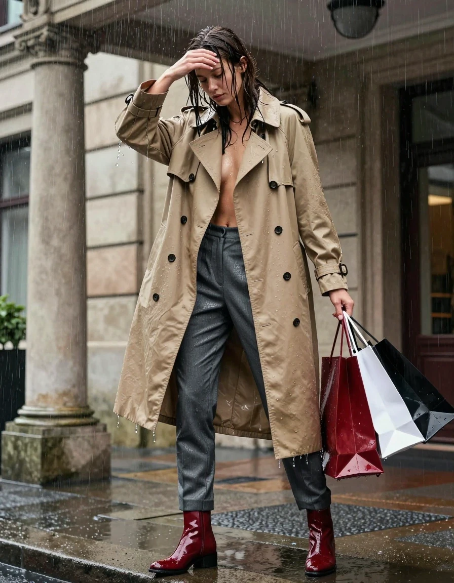 A young adult European woman stands under an elegant stone hotel portico during a storm, medium full-body shot. She wears an oversized beige trench coat that is drenched in heavy rain, featuring dark saturated patches and heavy water droplets clinging to the hem. Beneath the coat, she wears tapered tailored trousers in charcoal grey, heavy with rainwater and clinging to her skin. On her feet, she wears deep oxblood red leather ankle boots that are completely soaked and glistening with a high-gloss sheen. The woman is fumbling with dripping wet shopping bags while shielding her face from wind-driven rain, her hair and skin damp and glistening. Cinematic natural lighting illuminates the scene, highlighting the sharp focus on the fabric weave and the hyper-realistic water textures. Captured with an 85mm lens in an editorial fashion photography style, ensuring clean, realistic anatomy and professional composition.