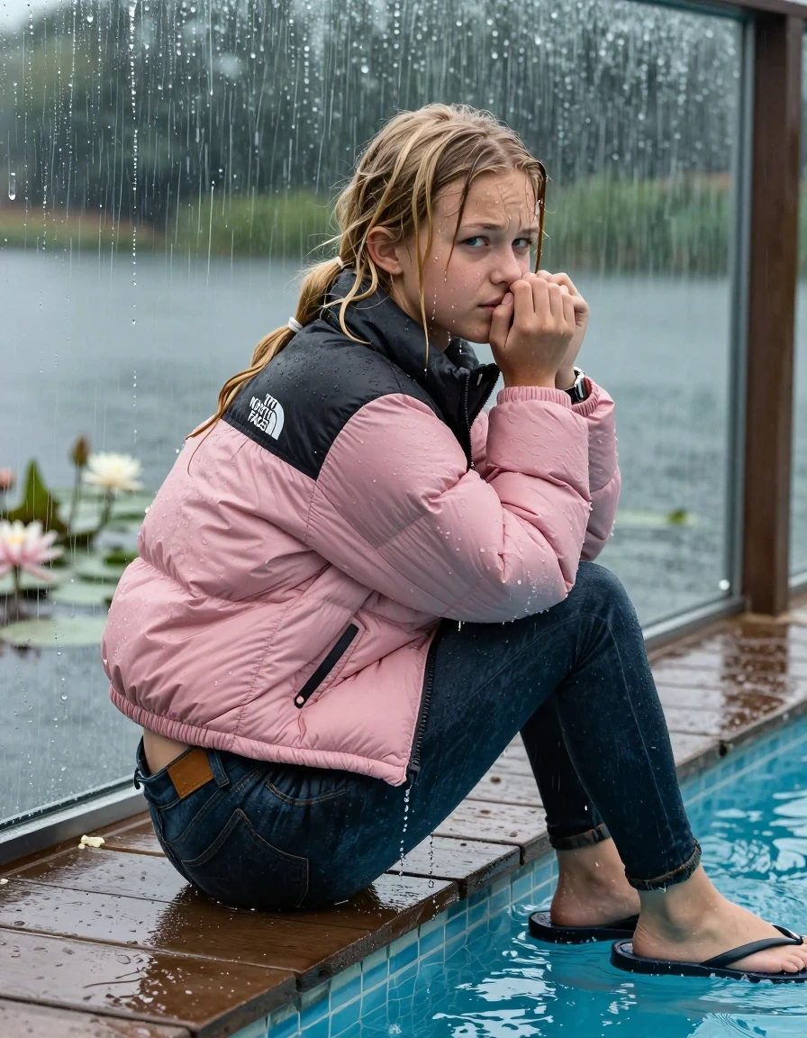 photo of young woman, in soaking wet, drenched clothes,
Flip Flops , Dark tight skinny Levi’s Jeans , Pink North face puffer down jacket, tight v-neck sweater, shoulderbag, pearl necklace, bracelet, wristwatch, jetty by the lake with water lilies and reeds, sitting under heavy rain, 
enjoying, wet clothes stuck to body,
detailed textures of the wet clothes, wet face, wet plastered hair,
wet, drenched, professional, high-quality details, full body view.
sharp focus, ultra-high pixel detail, realistic, high-quality, full colors, incredibly detailed, 4k, 8k, 16k, hyper-realistic, RAW photo, masterpiece, ultra-detailed, professionally color graded, professional photograph, A realistic vertical fashion photograph taken from a backward, behind-the-back angle of a Young horny 12-year-old teengirl sitting  and slides in a glass-walled outdoor swimming pool, facing to the camera to show her back. 

She is tilting her head at camera, letting the water drench her hair so it is glued flat against her head and body. 
She has  blonde pigtails, completely saturated and dripping wet hair, with water cascading down her face and neck. Worried and insecure expression. Hold her flat hand in Front of her mouth and nose. Slight Open mouth, half closed eyes. 

The lighting is bright and cinematic, highlighting the glistening water droplets and the saturated texture of her  casual clothes. Outside the large glass wall of the pool building, heavy rain is visible falling against the window. Soft, moody indoor lighting with reflections on the water. High-quality fashion photography style.
her clothing is soaking wet and clinging tightly to her skin, showing heavy wet folds, darkened fabric texture, and deep water-saturated Patches, her clothes are heavy from the water, water runs from her body and her clothes in streams. A lot of water also runs out of her clothes. Her clothes are darkened by the water. 
hyper-realistic wetness, high-contrast water sheen, sharp focus, 16k resolution, professional photography, realistic water physics., wet skin, wet clothes, damp fabric., wet skin, wet clothes, damp fabric, wet skin, wet clothes, damp fabric, wet skin, wet clothes, damp fabric, wet skin, wet clothes, damp fabric