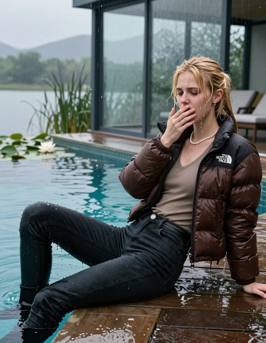 photo of young woman, in soaking wet, drenched clothes,
Black high boots, Dark levis skinny jeans , Brown North face puffer down jacket, tight v-neck sweater, shoulderbag, pearl necklace, bracelet, wristwatch, jetty by the lake with water lilies and reeds, 
enjoying, wet clothes stuck to body,
detailed textures of the wet clothes, wet face, wet plastered hair,
wet, drenched, professional, high-quality details, full body view.
sharp focus, ultra-high pixel detail, realistic, high-quality, full colors, incredibly detailed, 4k, 8k, 16k, hyper-realistic, RAW photo, masterpiece, ultra-detailed, professionally color graded, professional photograph, A realistic vertical fashion photograph taken from a backward, behind-the-back angle of a 15-year-old teenage girl lying  and goes in a glass-walled outdoor swimming pool, facing down to the camera to show her back. 

She is tilting her head at camera, letting the water drench her hair so it is glued flat against her head and body. 
She has  blonde hair with a sleek ponytail with bangs, completely saturated and dripping wet hair, with water cascading down her face and neck. She has heartache, is horny, have an orgasm and needs a cooling. She hold her hands over her mouth. Slight Open mouth, half closed eyes. 

The lighting is bright and cinematic, highlighting the glistening water droplets and the saturated texture of her  casual clothes. Outside the large glass wall of the pool building, heavy rain is visible falling against the window. Soft, moody indoor lighting with reflections on the water. High-quality fashion photography style.
her clothing is soaking wet and clinging tightly to her skin, showing heavy wet folds, darkened fabric texture, and deep water-saturated Patches, her clothes are heavy from the water, water runs from her body and her clothes in streams. A lot of water also runs out of her clothes. Her clothes are darkened by the water. 
hyper-realistic wetness, high-contrast water sheen, sharp focus, 16k resolution, professional photography, realistic water physics., wet skin, wet clothes, damp fabric., wet skin, wet clothes, damp fabric, wet skin, wet clothes, damp fabric, wet skin, wet clothes, damp fabric, wet skin, wet clothes, damp fabric