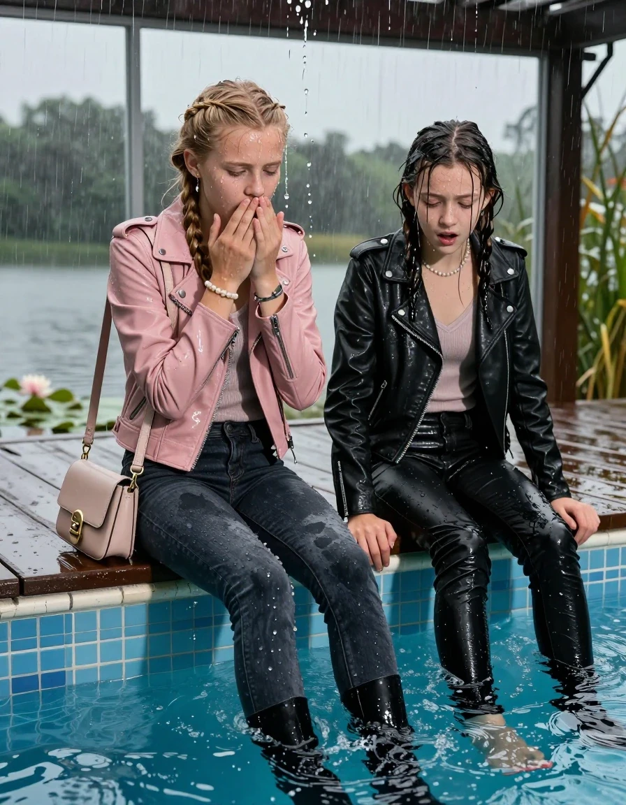 photo of young woman, in soaking wet, drenched clothes,
Angle boots, Dark levis skinny jeans, Light pink leatherjacket and black biker leatherjacket, tight v-neck sweater, shoulderbag, pearl necklace, bracelet, wristwatch, jetty by the lake with water lilies and reeds, 
enjoying, wet clothes stuck to body,
detailed textures of the wet clothes, wet face, wet plastered hair,
wet, drenched, professional, high-quality details, full body view.
sharp focus, ultra-high pixel detail, realistic, high-quality, full colors, incredibly detailed, 4k, 8k, 16k, hyper-realistic, RAW photo, masterpiece, ultra-detailed, professionally color graded, professional photograph, A realistic vertical fashion photograph taken from a backward, behind-the-back angle of two 13-year-old girls with different outfits sitting  and slides into a glass-walled outdoor swimming pool, facing down to the camera to show her back. She is tilting her head at camera, letting the water drench her hair so it is glued flat against her head and body. She has  blonde braided hair, completely saturated and dripping wet hair, with water cascading down her face and neck. Afraid and astonished expression. hands on her mouth, half closed eyes. The lighting is bright and cinematic, highlighting the glistening water droplets on her skin and the saturated texture of her  casual clothes. Outside the large glass wall of the pool building, heavy rain is visible falling against the window. Soft, moody indoor lighting with reflections on the water. High-quality fashion photography style.
her clothing is soaking wet and clinging tightly to her skin, showing heavy wet folds, darkened fabric texture, and deep water-saturated Patches, her clothes are heavy from the water, water runs from her body and her clothes in streams. A lot of water also runs out of her clothes. Her clothes are darkened by the water. 
hyper-realistic wetness, high-contrast water sheen, sharp focus, 16k resolution, professional photography, realistic water physics., wet skin, wet clothes, damp fabric., wet skin, wet clothes, damp fabric, wet skin, wet clothes, damp fabric
