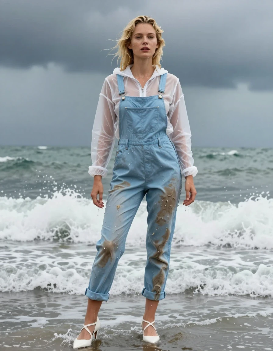 photo of young woman, in soaking wet, drenched clothes,
Strappy white stilettos, Dirty pale blue salopettes, Transparent White ski jacket , Standing in the surf, 
enjoying, wet clothes stuck to body,
detailed textures of the wet clothes, wet face, wet plastered hair,
wet, drenched, professional, high-quality details, full body view.
sharp focus, ultra-high pixel detail, realistic, high-quality, full colors, incredibly detailed, 4k, 8k, 16k, hyper-realistic, RAW photo, masterpiece, ultra-detailed, professionally color graded, professional photograph, Blonde, in thunder storm, wet skin, wet clothes, damp fabric, wet skin, wet clothes, damp fabric, wet skin, wet clothes, damp fabric