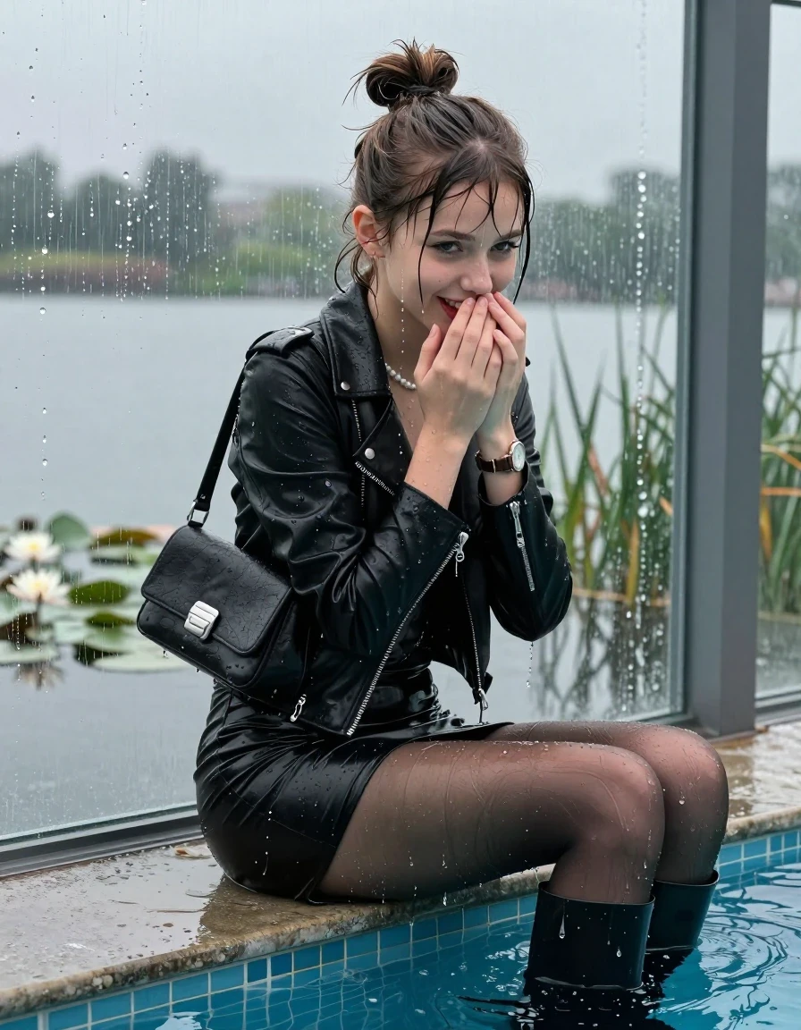 photo of young woman, in soaking wet, drenched clothes,
Black high boots, Short black mini skirt, black stockings , Black biker leatherjacket, tight v-neck sweater, shoulderbag, pearl necklace, bracelet, wristwatch, jetty by the lake with water lilies and reeds, 
enjoying, wet clothes stuck to body,
detailed textures of the wet clothes, wet face, wet plastered hair,
wet, drenched, professional, high-quality details, full body view.
sharp focus, ultra-high pixel detail, realistic, high-quality, full colors, incredibly detailed, 4k, 8k, 16k, hyper-realistic, RAW photo, masterpiece, ultra-detailed, professionally color graded, professional photograph, A realistic vertical fashion photograph taken from a backward, behind-the-back angle of a Young horny 12-year-old teengirl sitting  and slides in a glass-walled outdoor swimming pool, facing directly to the camera to show her back. 

She is tilting her head at camera, letting the water drench her hair so it is glued flat against her head and body. 
She has  brunette sticked up topknot with bangs, completely saturated and dripping wet hair, with water cascading down her face and neck. Shy and insecure expression. She is a Little Bit fearful and Smileys embarrassed. Hold her hands over her mouth. Slight Open mouth, half closed eyes. Make-up, red lips, down-Running Eyeliner.

The lighting is bright and cinematic, highlighting the glistening water droplets and the saturated texture of her  casual clothes. Outside the large glass wall of the pool building, heavy rain is visible falling against the window. Soft, moody indoor lighting with reflections on the water. High-quality fashion photography style.
her clothing is soaking wet and clinging tightly to her skin, showing heavy wet folds, darkened fabric texture, and deep water-saturated Patches, her clothes are heavy from the water, water runs from her body and her clothes in streams. A lot of water also runs out of her clothes. Her clothes are darkened by the water. 
hyper-realistic wetness, high-contrast water sheen, sharp focus, 16k resolution, professional photography, realistic water physics., wet skin, wet clothes, damp fabric., wet skin, wet clothes, damp fabric, wet skin, wet clothes, damp fabric, wet skin, wet clothes, damp fabric, wet skin, wet clothes, damp fabric, wet skin, wet clothes, damp fabric