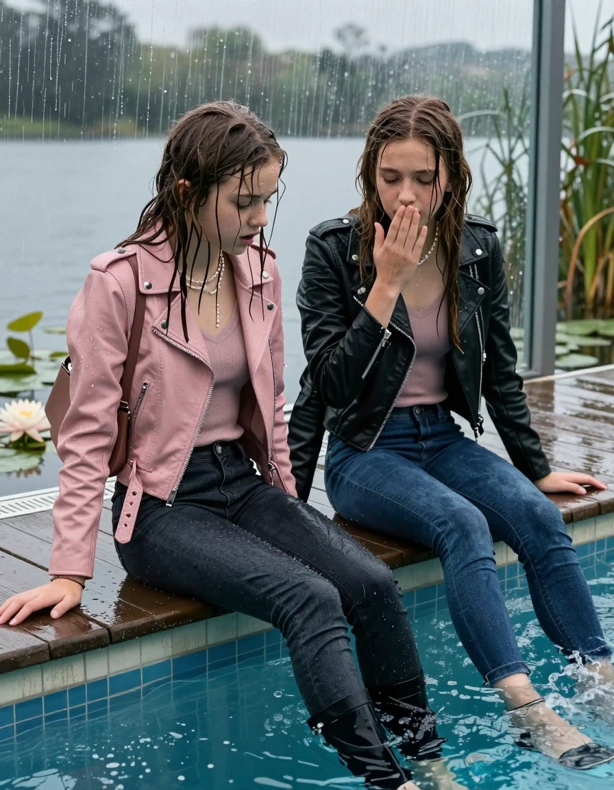 photo of young woman, in soaking wet, drenched clothes,
, ,  tight v-neck sweater, shoulderbag, pearl necklace, bracelet, wristwatch, jetty by the lake with water lilies and reeds, 
enjoying, wet clothes stuck to body,
detailed textures of the wet clothes, wet face, wet plastered hair,
wet, drenched, professional, high-quality details, full body view.
sharp focus, ultra-high pixel detail, realistic, high-quality, full colors, incredibly detailed, 4k, 8k, 16k, hyper-realistic, RAW photo, masterpiece, ultra-detailed, professionally color graded, professional photograph, A realistic vertical fashion photograph taken from a backward, behind-the-back angle of two 13-year-old girls with different outfits sitting  and slides into the water of a glass-walled outdoor swimming pool. One wears a light pink leatherjacket, dark levis skinny jeans and boots. One wears a black leatherjacket, dark blue skinny jeans and black heels. facing down to the camera to show her back. She is tilting her head at camera, letting the water drench her hair so it is glued flat against her body. She has completely saturated and dripping wet hair. Afraid and astonished expression. One Covers with a hand the mouth of the other girl. half closed eyes. The lighting is bright and cinematic, highlighting the glistening water droplets on her skin and the saturated texture of her  casual clothes. Outside the large glass wall of the pool building, heavy rain is visible falling against the window. Soft, moody indoor lighting with reflections on the water. High-quality fashion photography style.
her clothing is soaking wet and clinging tightly to her skin, showing heavy wet folds, darkened fabric texture, and deep water-saturated Patches, her clothes are heavy from the water, water runs from her body and her clothes in streams. A lot of water also runs out of her clothes. Her clothes are darkened by the water. 
hyper-realistic wetness, high-contrast water sheen, sharp focus, 16k resolution, professional photography, realistic water physics., wet skin, wet clothes, damp fabric., wet skin, wet clothes, damp fabric, wet skin, wet clothes, damp fabric