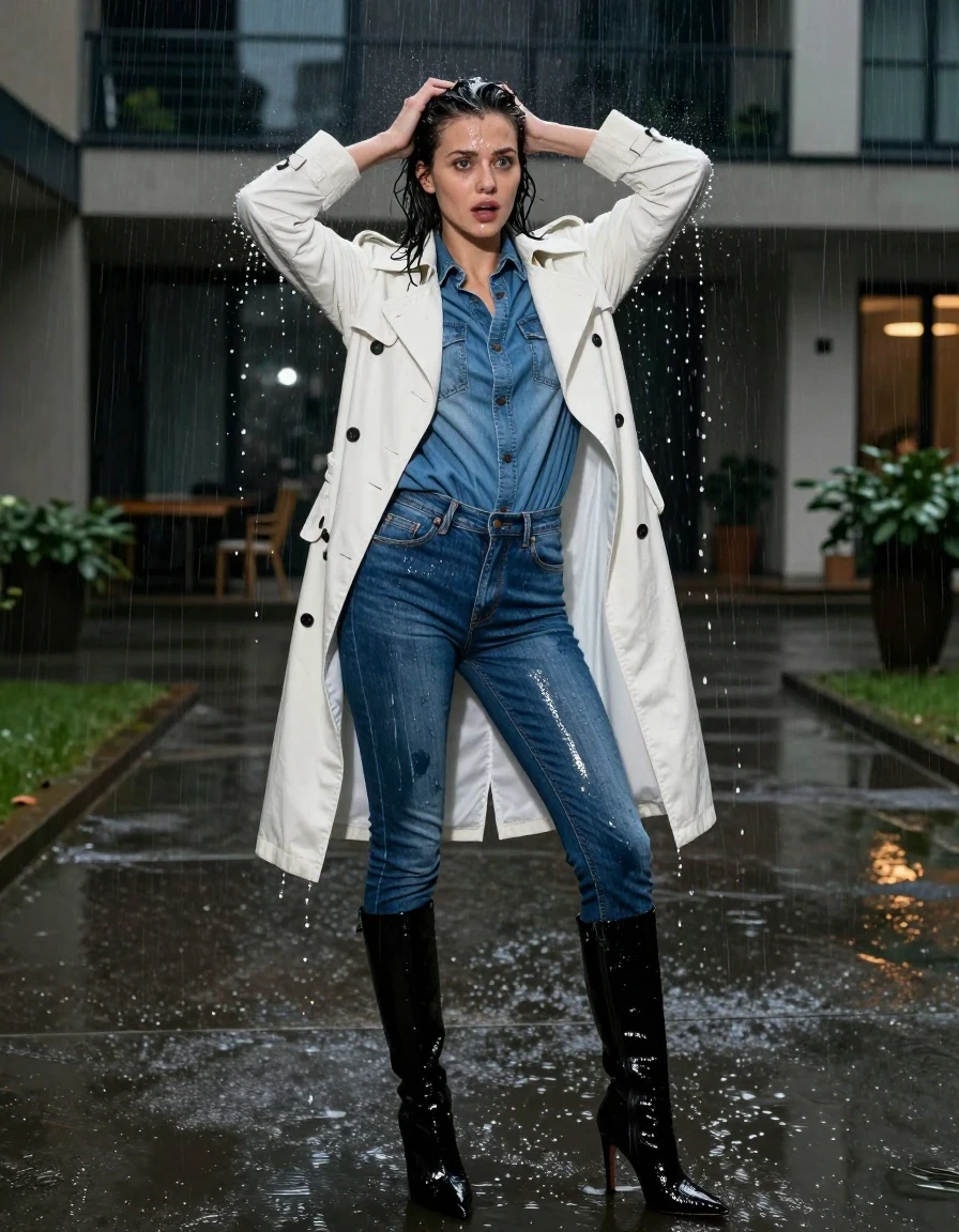 A candid paparazzi medium-shot of a young adult European woman in a dimly lit urban apartment courtyard at night. She is caught in a heavy downpour, looking surprised at the camera while wringing out her soaked, dripping hair, with fine water droplets spraying into the air around her. She is wearing a white cotton trench coat layered over an oversized denim shirt and tight indigo blue denim skinny jeans. The jeans are soaking-wet blue denim, water-saturated heavyweight denim, blue changed to deep navy and indigo, substantially darker unevenly soaked patches, absorbed water, heavy wet folds, visible weave and stitching, and strong glossy specular reflections on the raised weave, seams, and creases. She wears black leather stiletto knee-high boots that are glistening with rain. The environment features a wet reflective concrete floor mirroring the ambient night light. The fabric of the coat and shirt is heavy with rain, clinging to her form with a distinct wet sheen. The image is captured with a 35mm lens, sharp focus, natural night lighting, urban atmosphere, high-quality photorealistic rendering, clean anatomy, no nudity, no lingerie, no underwear, no art, no illustration, no cartoon, no distortion, no blur, no motion blur, no monochrome.