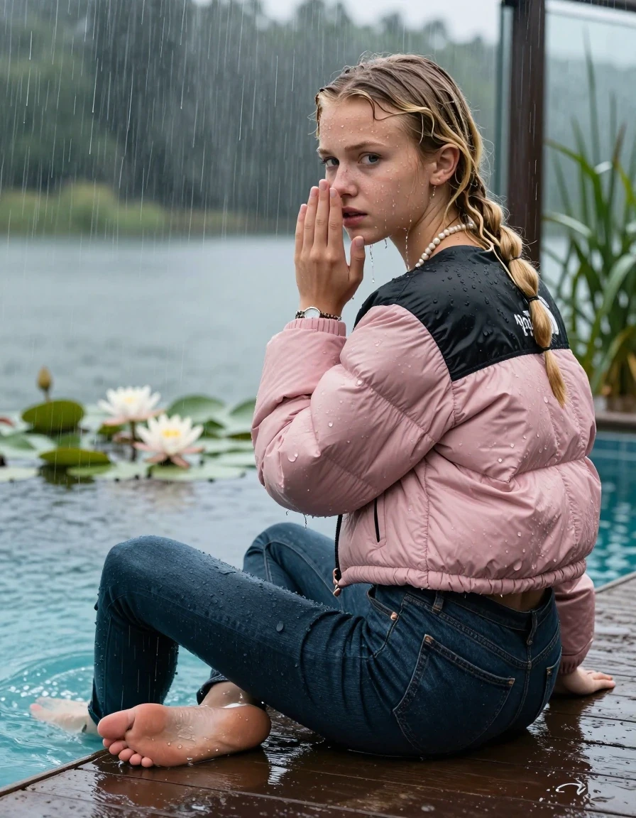 photo of young woman, in soaking wet, drenched clothes,
Flates shoes, Dark tight skinny Levi’s Jeans , Pink North face puffer down jacket, tight v-neck sweater, shoulderbag, pearl necklace, bracelet, wristwatch, jetty by the lake with water lilies and reeds, sitting under heavy rain, 
enjoying, wet clothes stuck to body,
detailed textures of the wet clothes, wet face, wet plastered hair,
wet, drenched, professional, high-quality details, full body view.
sharp focus, ultra-high pixel detail, realistic, high-quality, full colors, incredibly detailed, 4k, 8k, 16k, hyper-realistic, RAW photo, masterpiece, ultra-detailed, professionally color graded, professional photograph, A realistic vertical fashion photograph taken from a backward, behind-the-back angle of a Young horny 12-year-old teengirl sitting  and slides in a glass-walled outdoor swimming pool, facing to the camera to show her back. 

She is tilting her head at camera, letting the water drench her hair so it is glued flat against her head and body. 
She has  blonde pigtails, completely saturated and dripping wet hair, with water cascading down her face and neck. Worried and insecure expression. Hold her flat hand in Front of her mouth and nose. Slight Open mouth, half closed eyes. 

The lighting is bright and cinematic, highlighting the glistening water droplets and the saturated texture of her  casual clothes. Outside the large glass wall of the pool building, heavy rain is visible falling against the window. Soft, moody indoor lighting with reflections on the water. High-quality fashion photography style.
her clothing is soaking wet and clinging tightly to her skin, showing heavy wet folds, darkened fabric texture, and deep water-saturated Patches, her clothes are heavy from the water, water runs from her body and her clothes in streams. A lot of water also runs out of her clothes. Her clothes are darkened by the water. 
hyper-realistic wetness, high-contrast water sheen, sharp focus, 16k resolution, professional photography, realistic water physics., wet skin, wet clothes, damp fabric., wet skin, wet clothes, damp fabric, wet skin, wet clothes, damp fabric, wet skin, wet clothes, damp fabric, wet skin, wet clothes, damp fabric