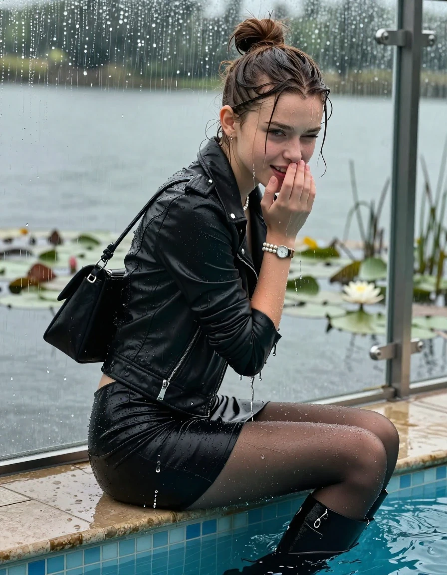 photo of young woman, in soaking wet, drenched clothes,
Black high boots, Short black mini skirt, black stockings , Black biker leatherjacket, tight v-neck sweater, shoulderbag, pearl necklace, bracelet, wristwatch, jetty by the lake with water lilies and reeds, 
enjoying, wet clothes stuck to body,
detailed textures of the wet clothes, wet face, wet plastered hair,
wet, drenched, professional, high-quality details, full body view.
sharp focus, ultra-high pixel detail, realistic, high-quality, full colors, incredibly detailed, 4k, 8k, 16k, hyper-realistic, RAW photo, masterpiece, ultra-detailed, professionally color graded, professional photograph, A realistic vertical fashion photograph taken from a backward, behind-the-back angle of a Young horny 12-year-old teengirl sitting  and slides in a glass-walled outdoor swimming pool, facing to the camera to show her back. 

She is tilting her head at camera, letting the water drench her hair so it is glued flat against her head and body. 
She has  brunette sticked up topknot, completely saturated and dripping wet hair, with water cascading down her face and neck. Shy and insecure expression. She is a Little Bit fearful and Smileys embarrassed. Hold her flat hand over her mouth. Slight Open mouth, half closed eyes. 

The lighting is bright and cinematic, highlighting the glistening water droplets and the saturated texture of her  casual clothes. Outside the large glass wall of the pool building, heavy rain is visible falling against the window. Soft, moody indoor lighting with reflections on the water. High-quality fashion photography style.
her clothing is soaking wet and clinging tightly to her skin, showing heavy wet folds, darkened fabric texture, and deep water-saturated Patches, her clothes are heavy from the water, water runs from her body and her clothes in streams. A lot of water also runs out of her clothes. Her clothes are darkened by the water. 
hyper-realistic wetness, high-contrast water sheen, sharp focus, 16k resolution, professional photography, realistic water physics., wet skin, wet clothes, damp fabric., wet skin, wet clothes, damp fabric, wet skin, wet clothes, damp fabric, wet skin, wet clothes, damp fabric, wet skin, wet clothes, damp fabric, wet skin, wet clothes, damp fabric