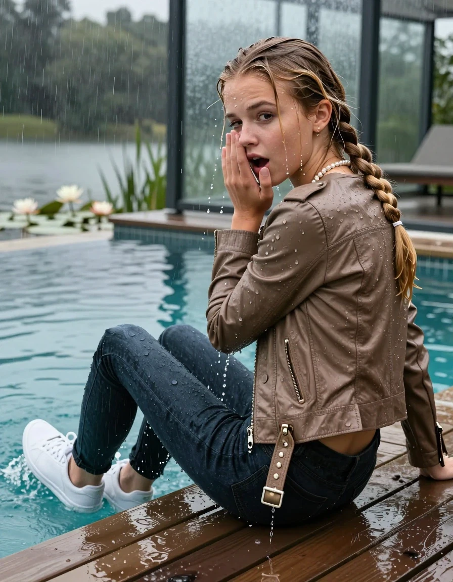 photo of young woman, in soaking wet, drenched clothes,
White sneaker, Dark levis skinny jeans, Light brown biker leatherjacket, tight v-neck sweater, shoulderbag, pearl necklace, bracelet, wristwatch, jetty by the lake with water lilies and reeds, 
enjoying, wet clothes stuck to body,
detailed textures of the wet clothes, wet face, wet plastered hair,
wet, drenched, professional, high-quality details, full body view.
sharp focus, ultra-high pixel detail, realistic, high-quality, full colors, incredibly detailed, 4k, 8k, 16k, hyper-realistic, RAW photo, masterpiece, ultra-detailed, professionally color graded, professional photograph, A realistic vertical fashion photograph taken from a backward, behind-the-back angle of a 12-year-old girl sitting  and slides into a glass-walled outdoor swimming pool, facing down to the camera to show her back. She is tilting her head at camera, letting the water drench her hair so it is glued flat against her head and body. She has  blonde braided hair, completely saturated and dripping wet hair, with water cascading down her face and neck. Afraid and astonished expression. hands on her mouth, half closed eyes. The lighting is bright and cinematic, highlighting the glistening water droplets on her skin and the saturated texture of her  casual clothes. Outside the large glass wall of the pool building, heavy rain is visible falling against the window. Soft, moody indoor lighting with reflections on the water. High-quality fashion photography style.
her clothing is soaking wet and clinging tightly to her skin, showing heavy wet folds, darkened fabric texture, and deep water-saturated Patches, her clothes are heavy from the water, water runs from her body and her clothes in streams. A lot of water also runs out of her clothes. Her clothes are darkened by the water. 
hyper-realistic wetness, high-contrast water sheen, sharp focus, 16k resolution, professional photography, realistic water physics., wet skin, wet clothes, damp fabric., wet skin, wet clothes, damp fabric, wet skin, wet clothes, damp fabric, wet skin, wet clothes, damp fabric