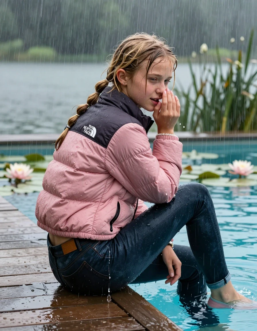 photo of young woman, in soaking wet, drenched clothes,
Court shoes, Dark tight skinny Levi’s Jeans , Pink North face puffer down jacket, tight v-neck sweater, shoulderbag, pearl necklace, bracelet, wristwatch, jetty by the lake with water lilies and reeds, sitting under heavy rain, 
enjoying, wet clothes stuck to body,
detailed textures of the wet clothes, wet face, wet plastered hair,
wet, drenched, professional, high-quality details, full body view.
sharp focus, ultra-high pixel detail, realistic, high-quality, full colors, incredibly detailed, 4k, 8k, 16k, hyper-realistic, RAW photo, masterpiece, ultra-detailed, professionally color graded, professional photograph, A realistic vertical fashion photograph taken from a backward, behind-the-back angle of a Young horny 12-year-old teengirl sitting  and slides in a glass-walled outdoor swimming pool, facing to the camera to show her back. 

She is tilting her head at camera, letting the water drench her hair so it is glued flat against her head and body. 
She has  blonde pigtails, completely saturated and dripping wet hair, with water cascading down her face and neck. Shy and insecure expression. She is a Little Bit fearful and Smileys embarrassed. Hold her flat hand in Front of her mouth and nose. Slight Open mouth, half closed eyes. 

The lighting is bright and cinematic, highlighting the glistening water droplets and the saturated texture of her  casual clothes. Outside the large glass wall of the pool building, heavy rain is visible falling against the window. Soft, moody indoor lighting with reflections on the water. High-quality fashion photography style.
her clothing is soaking wet and clinging tightly to her skin, showing heavy wet folds, darkened fabric texture, and deep water-saturated Patches, her clothes are heavy from the water, water runs from her body and her clothes in streams. A lot of water also runs out of her clothes. Her clothes are darkened by the water. 
hyper-realistic wetness, high-contrast water sheen, sharp focus, 16k resolution, professional photography, realistic water physics., wet skin, wet clothes, damp fabric., wet skin, wet clothes, damp fabric, wet skin, wet clothes, damp fabric, wet skin, wet clothes, damp fabric, wet skin, wet clothes, damp fabric