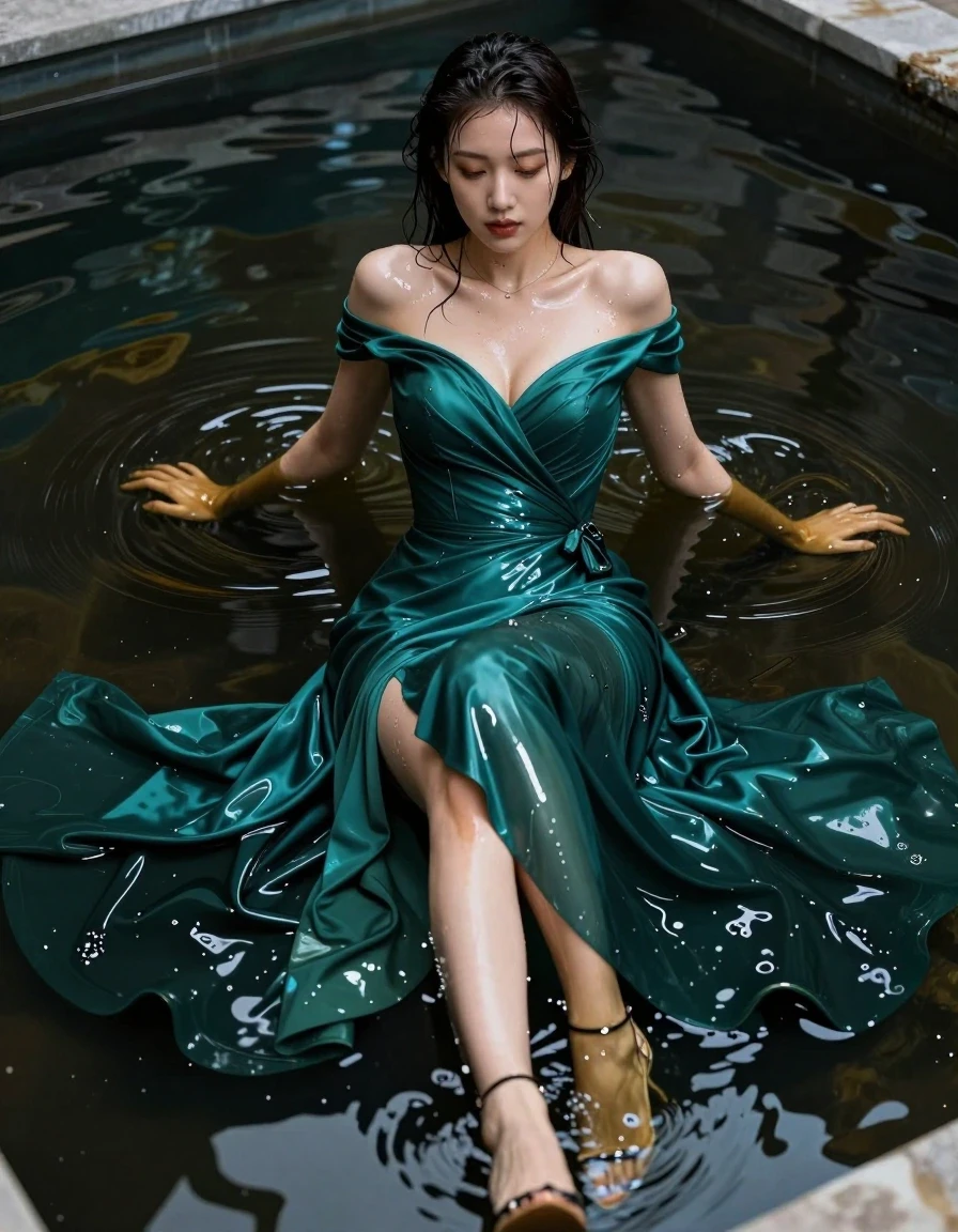 A stunning young adult European woman with a sexy, athletic physique, captured in a photorealistic portrait while submerged in an outdoor pool filled with thick, viscous oil. She is wearing a stunning floor-length emerald teal formal gown with short cap sleeves, the fabric heavily soaked, clinging to her body, and darkened by the oil, showing heavy wet folds, deep tonal saturation, and a high-gloss, reflective sheen. She is wearing elegant heels that are partially submerged, and a thin, delicate plain necklace rests against her wet skin. Her hair and skin are slick with oil, featuring realistic wet textures and strong, glossy specular highlights. The lighting is cinematic, emphasizing the viscous movement of the oil and the deep, rich colors of the saturated gown. High-resolution, sharp focus, 8k, realistic skin textures, intricate fabric detail, professional photography.