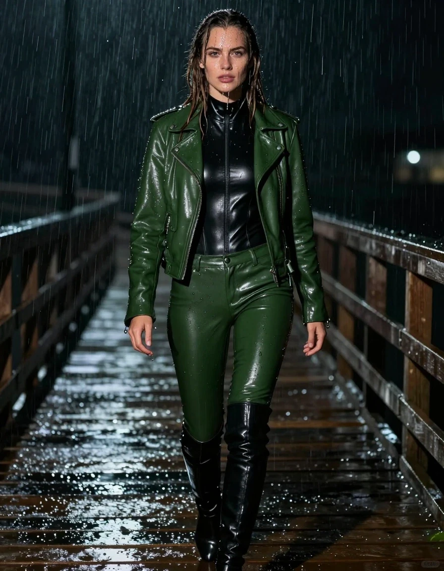 A photorealistic full-body shot of a young adult European woman with long, dripping wet brown hair, walking along a dark wooden pier at night during a heavy rainstorm. She is drenched, with glistening wet skin and water streaming down her face and body. She is wearing a black leather polar neck catsuit underneath a green bikers leather jacket, paired with tight green leather pants and black leather knee-high boots. The leather garments are heavily saturated, exhibiting deep, dark tones, visible water sheen, heavy folds, and strong glossy specular reflections from the rain. The fabric appears weighted and clings to her form. The environment is dark and moody, illuminated by soft, ambient rim lighting that highlights the water droplets and the slick, reflective surfaces of her outfit. Cinematic composition, hyper-realistic textures, 8k resolution, sharp focus on subject, atmospheric rain effects, no nudity, fully clothed.