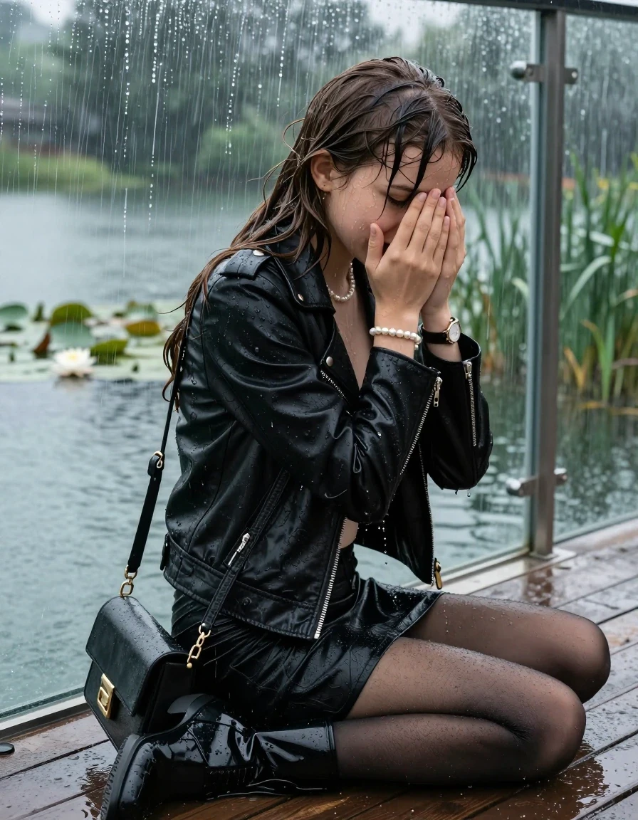 photo of young woman, in soaking wet, drenched clothes,
Black high boots, Short black mini skirt, black stockings , Black biker leatherjacket, tight sexy tshirt with wide neckline belly free, shoulderbag, pearl necklace, bracelet, wristwatch, jetty by the lake with water lilies and reeds, sitting under heavy rain, 
enjoying, wet clothes stuck to body,
detailed textures of the wet clothes, wet face, wet plastered hair,
wet, drenched, professional, high-quality details, full body view.
sharp focus, ultra-high pixel detail, realistic, high-quality, full colors, incredibly detailed, 4k, 8k, 16k, hyper-realistic, RAW photo, masterpiece, ultra-detailed, professionally color graded, professional photograph, A realistic vertical fashion photograph taken from a backward, behind-the-back angle of a Young horny cute 12-year-old teengirl sitting  and sliding in a glass-walled outdoor swimming pool, facing down at the camera to show her back. 

She is tilting her head at camera, letting the water drench her hair so it is glued flat against her head and body. 
She has brunette sleek long hair with curtain bangs completely saturated and dripping wet hair, with water cascading down her face and neck. Shy and insecure expression. She is a Little Bit fearful and Smileys embarrassed. Holds her hands over her whole face. Open mouth, half closed eyes.

The lighting is bright and cinematic, highlighting the glistening water droplets and the saturated texture of her  casual clothes. Outside the large glass wall of the pool building, heavy rain is visible falling against the window. Soft, moody indoor lighting with reflections on the water. High-quality fashion photography style.
her clothing is soaking wet and clinging tightly to her skin, showing heavy wet folds, darkened fabric texture, and deep water-saturated Patches, her clothes are heavy from the water, water runs from her body and her clothes in streams. A lot of water also runs out of her clothes. Her clothes are darkened by the water. 
hyper-realistic wetness, high-contrast water sheen, sharp focus, 16k resolution, professional photography, realistic water physics., wet skin, wet clothes, damp fabric., wet skin, wet clothes, damp fabric, wet skin, wet clothes, damp fabric, wet skin, wet clothes, damp fabric, wet skin, wet clothes, damp fabric, wet skin, wet clothes, damp fabric