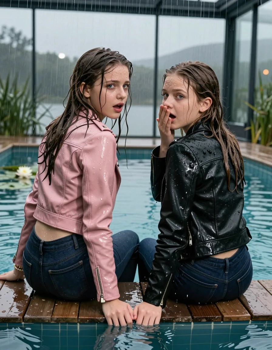 photo of young woman, in soaking wet, drenched clothes,
, ,  tight v-neck sweater, shoulderbag, pearl necklace, bracelet, wristwatch, jetty by the lake with water lilies and reeds, 
enjoying, wet clothes stuck to body,
detailed textures of the wet clothes, wet face, wet plastered hair,
wet, drenched, professional, high-quality details, full body view.
sharp focus, ultra-high pixel detail, realistic, high-quality, full colors, incredibly detailed, 4k, 8k, 16k, hyper-realistic, RAW photo, masterpiece, ultra-detailed, professionally color graded, professional photograph, A realistic vertical fashion photograph taken from a backward, behind-the-back angle of two 13-year-old girls with different outfits sitting  and push into the water of a glass-walled outdoor swimming pool. One wears a light pink leatherjacket, dark levis skinny jeans and boots. One wears a black leatherjacket, dark blue skinny jeans and black heels. facing down to the camera to show her back. She is tilting her head at camera, letting the water drench her hair so it is glued flat against her body. She has completely saturated and dripping wet hair. Afraid and astonished expression. One hold her hand over the mouth and nose of the other girl. half closed eyes. The lighting is bright and cinematic, highlighting the glistening water droplets on her skin and the saturated texture of her  casual clothes. Outside the large glass wall of the pool building, heavy rain is visible falling against the window. Soft, moody indoor lighting with reflections on the water. High-quality fashion photography style.
her clothing is soaking wet and clinging tightly to her skin, showing heavy wet folds, darkened fabric texture, and deep water-saturated Patches, her clothes are heavy from the water, water runs from her body and her clothes in streams. A lot of water also runs out of her clothes. Her clothes are darkened by the water. 
hyper-realistic wetness, high-contrast water sheen, sharp focus, 16k resolution, professional photography, realistic water physics., wet skin, wet clothes, damp fabric., wet skin, wet clothes, damp fabric, wet skin, wet clothes, damp fabric