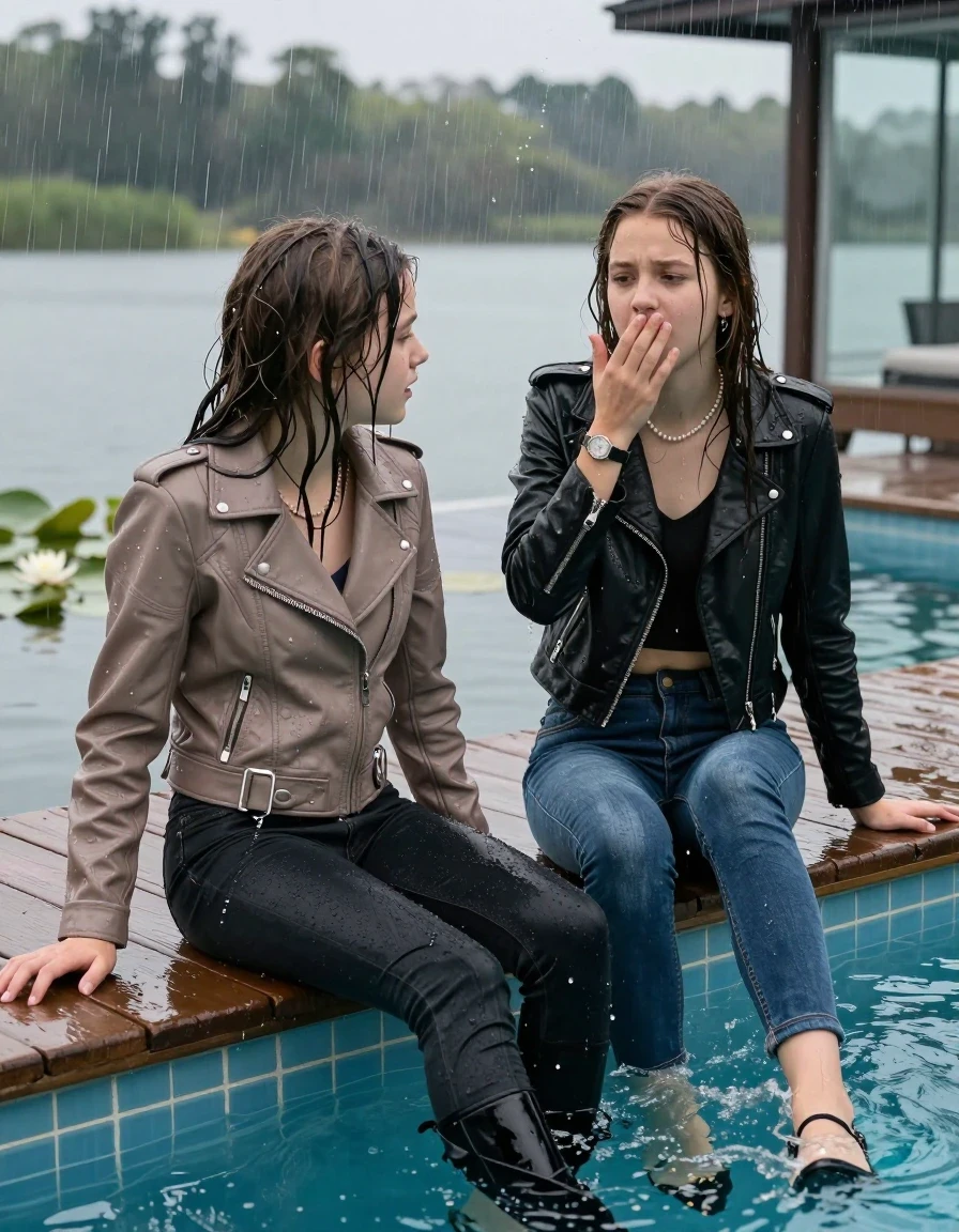 photo of young woman, in soaking wet, drenched clothes,
, ,  tight v-neck sweater, shoulderbag, pearl necklace, bracelet, wristwatch, jetty by the lake with water lilies and reeds, 
enjoying, wet clothes stuck to body,
detailed textures of the wet clothes, wet face, wet plastered hair,
wet, drenched, professional, high-quality details, full body view.
sharp focus, ultra-high pixel detail, realistic, high-quality, full colors, incredibly detailed, 4k, 8k, 16k, hyper-realistic, RAW photo, masterpiece, ultra-detailed, professionally color graded, professional photograph, A realistic vertical fashion photograph taken from a backward, behind-the-back angle of two 13-year-old girls with different outfits sitting  and slides into the water of a glass-walled outdoor swimming pool. One wears a light brown biker leatherjacket, dark levis skinny jeans and boots. One wears a black leatherjacket, dark blue skinny jeans and black heels. facing down to the camera to show her back. She is tilting her head at camera, letting the water drench her hair so it is glued flat against her body. She has completely saturated and dripping wet hair. Afraid and astonished expression. Covers with a hand the mouth of her friend, half closed eyes. The lighting is bright and cinematic, highlighting the glistening water droplets on her skin and the saturated texture of her  casual clothes. Outside the large glass wall of the pool building, heavy rain is visible falling against the window. Soft, moody indoor lighting with reflections on the water. High-quality fashion photography style.
her clothing is soaking wet and clinging tightly to her skin, showing heavy wet folds, darkened fabric texture, and deep water-saturated Patches, her clothes are heavy from the water, water runs from her body and her clothes in streams. A lot of water also runs out of her clothes. Her clothes are darkened by the water. 
hyper-realistic wetness, high-contrast water sheen, sharp focus, 16k resolution, professional photography, realistic water physics., wet skin, wet clothes, damp fabric., wet skin, wet clothes, damp fabric, wet skin, wet clothes, damp fabric, wet skin, wet clothes, damp fabric