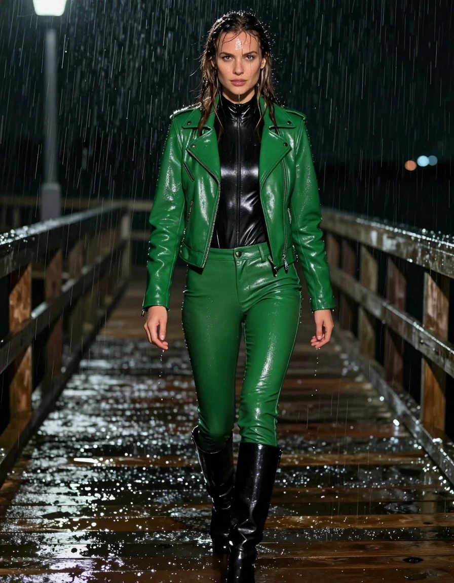 A photorealistic full-body shot of a young adult European woman with long, dripping wet brown hair, standing on a wooden pier at night during a heavy rainstorm. She is drenched, with glistening wet skin and water streaming down her face and body. She is wearing a black leather polar neck catsuit underneath a vibrant green biker-style leather jacket. Her legs are clad in tight green leather pants that are soaked through, clinging to her skin with visible water sheen and heavy folds. She wears black leather knee-high boots that are slick and reflective from the rain. The fabric of her clothes is darkened, heavy, and saturated with water, showing realistic textures and clinging silhouettes. The environment is dark and atmospheric, lit by dim pier lights that create sharp specular highlights on her wet hair, skin, and leather garments. The camera captures her walking along the pier, with the heavy rain visible in the air. High-resolution, cinematic lighting, hyper-realistic textures, damp fabric, water-drenched aesthetic, no nudity, clean anatomy.