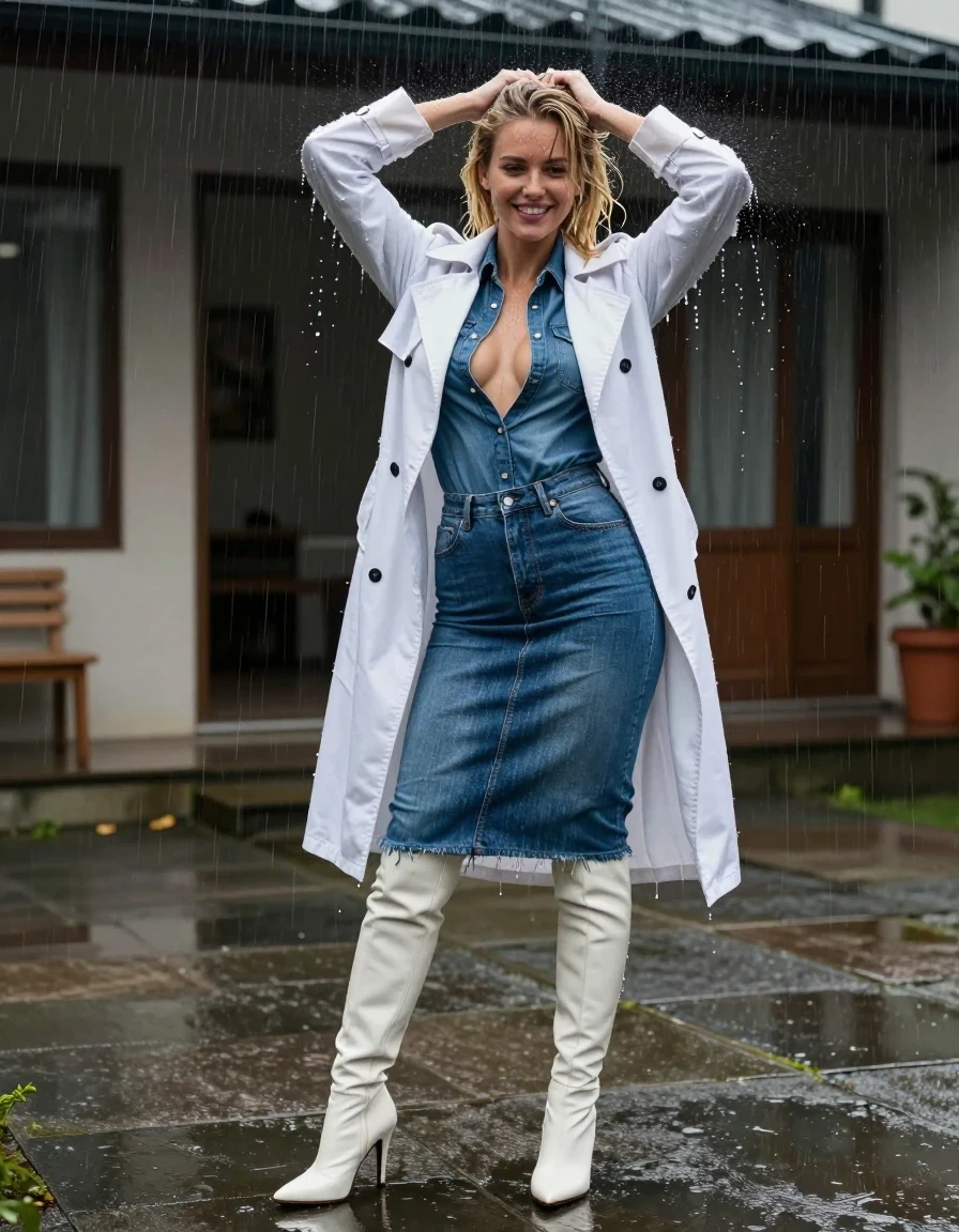photo of young woman, in soaking wet, drenched clothes,
White leather stiletto knee-high boots,  blue denim skirt down to ankles , Denim shirt white cotton trench coat, dimly lit apartment courtyard with wet reflective concrete floor, 
enjoying, wet clothes stuck to body,
detailed textures of the wet clothes, wet face, wet plastered hair,
wet, drenched, professional, high-quality details, full body view.
sharp focus, ultra-high pixel detail, realistic, high-quality, full colors, incredibly detailed, 4k, 8k, 16k, hyper-realistic, RAW photo, masterpiece, ultra-detailed, professionally color graded, professional photograph, candid paparazzi shot, subject is wringing out her wet hair blonde,while looking sexy with a smile at the camera,raining heavily , heavy rain sheen on fabric, medium-shot, sharp focus, 35mm lens, natural night lighting, urban atmosphere, nudity shirt undone showing her breast, wet skin, wet clothes, damp fabric