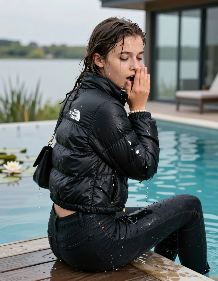 photo of young woman, in soaking wet, drenched clothes,
, Dark levis skinny jeans, Black North face puffer down jacket, tight v-neck sweater, shoulderbag, pearl necklace, bracelet, wristwatch, jetty by the lake with water lilies and reeds, 
enjoying, wet clothes stuck to body,
detailed textures of the wet clothes, wet face, wet plastered hair,
wet, drenched, professional, high-quality details, full body view.
sharp focus, ultra-high pixel detail, realistic, high-quality, full colors, incredibly detailed, 4k, 8k, 16k, hyper-realistic, RAW photo, masterpiece, ultra-detailed, professionally color graded, professional photograph, A realistic vertical fashion photograph taken from a backward, behind-the-back angle of a 12-year-old girl sitting  and slides into a glass-walled outdoor swimming pool, facing to the camera to show her back. She is tilting her head at camera, letting the water drench her hair so it is glued flat against her head and body. She has completely saturated and dripping wet hair, with water cascading down her neck. Afraid and astonished expression. Hold her hands on her mouth. Half closed eyes. The lighting is bright and cinematic, highlighting the glistening water droplets on the saturated texture of her  casual clothes. Outside the large glass wall of the pool building, sunshine. Soft, moody indoor lighting with reflections on the water. High-quality fashion photography style.
her clothing is soaking wet and clinging tightly to her skin, showing heavy wet folds, darkened fabric texture, and deep water-saturated Patches, her clothes are heavy from the water, water runs from her body and her clothes in streams. A lot of water also runs out of her clothes. Her clothes are darkened by the water. 
hyper-realistic wetness, high-contrast water sheen, sharp focus, 16k resolution, professional photography, realistic water physics., wet skin, wet clothes, damp fabric., wet skin, wet clothes, damp fabric, wet skin, wet clothes, damp fabric, wet skin, wet clothes, damp fabric, wet skin, wet clothes, damp fabric, wet skin, wet clothes, damp fabric