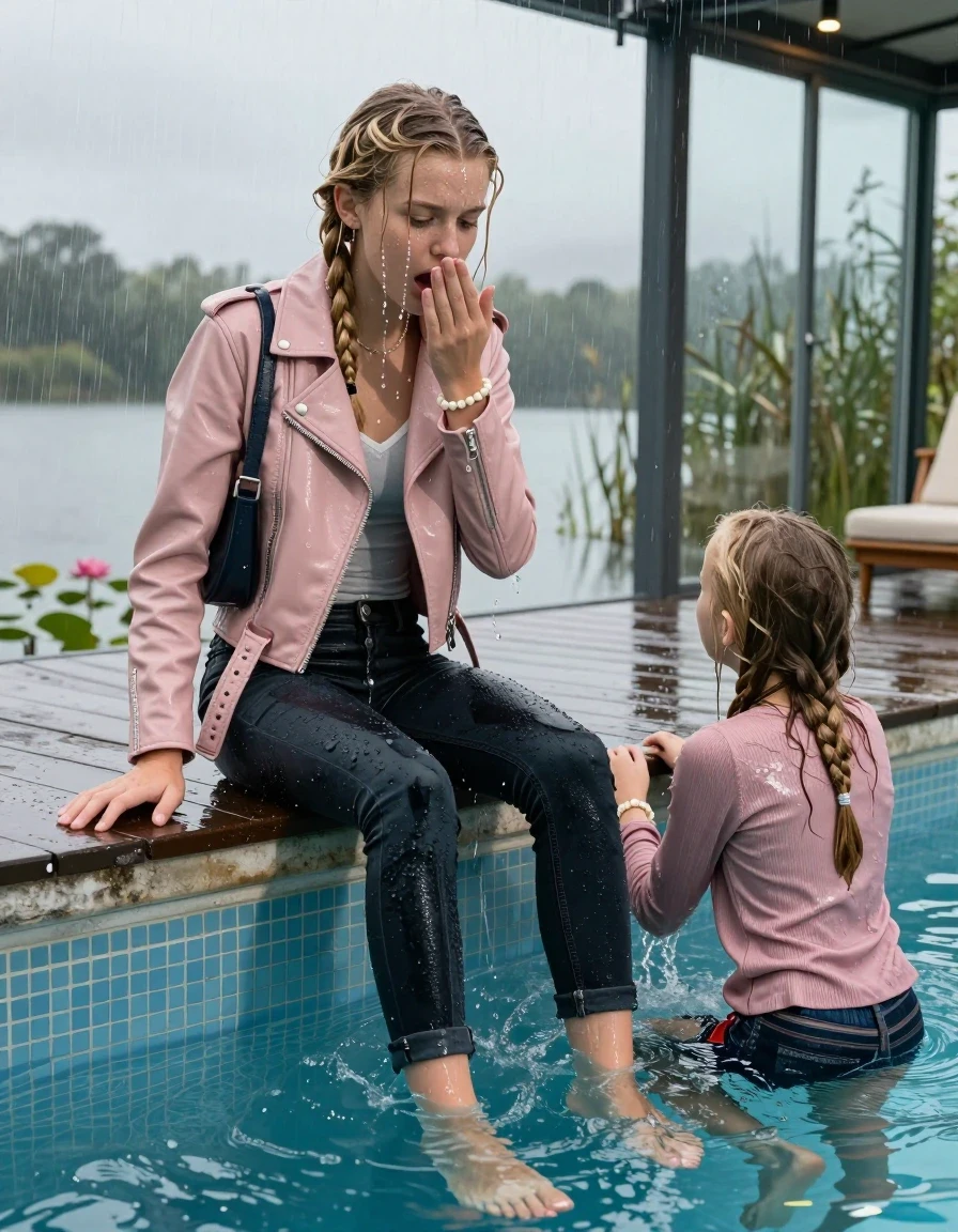 photo of young woman, in soaking wet, drenched clothes,
Heels, Dark levis skinny jeans, Light pink and black biker leatherjacket, tight v-neck sweater, shoulderbag, pearl necklace, bracelet, wristwatch, jetty by the lake with water lilies and reeds, 
enjoying, wet clothes stuck to body,
detailed textures of the wet clothes, wet face, wet plastered hair,
wet, drenched, professional, high-quality details, full body view.
sharp focus, ultra-high pixel detail, realistic, high-quality, full colors, incredibly detailed, 4k, 8k, 16k, hyper-realistic, RAW photo, masterpiece, ultra-detailed, professionally color graded, professional photograph, A realistic vertical fashion photograph taken from a backward, behind-the-back angle of two 12-year-old girls with different outfits sitting  and slides into a glass-walled outdoor swimming pool, facing down to the camera to show her back. She is tilting her head at camera, letting the water drench her hair so it is glued flat against her head and body. She has  blonde braided hair, completely saturated and dripping wet hair, with water cascading down her face and neck. Afraid and astonished expression. hands on her mouth, half closed eyes. The lighting is bright and cinematic, highlighting the glistening water droplets on her skin and the saturated texture of her  casual clothes. Outside the large glass wall of the pool building, heavy rain is visible falling against the window. Soft, moody indoor lighting with reflections on the water. High-quality fashion photography style.
her clothing is soaking wet and clinging tightly to her skin, showing heavy wet folds, darkened fabric texture, and deep water-saturated Patches, her clothes are heavy from the water, water runs from her body and her clothes in streams. A lot of water also runs out of her clothes. Her clothes are darkened by the water. 
hyper-realistic wetness, high-contrast water sheen, sharp focus, 16k resolution, professional photography, realistic water physics., wet skin, wet clothes, damp fabric., wet skin, wet clothes, damp fabric, wet skin, wet clothes, damp fabric