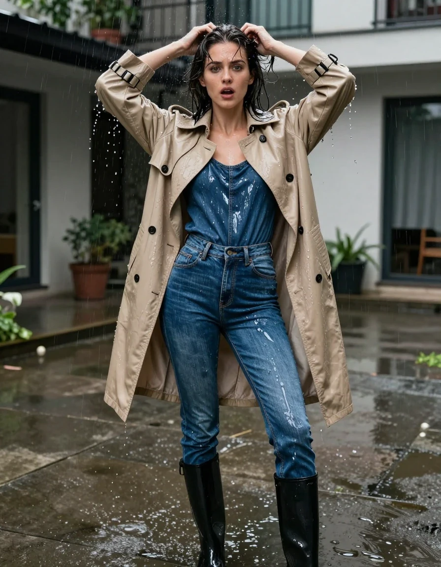A candid paparazzi medium-shot of a young adult European woman in a dimly lit apartment courtyard. She is wringing out her wet hair, droplets spraying through the air, looking surprised at the camera. She wears an oversized beige cotton trench coat with a heavy rain sheen, soaked and clinging to her shoulders. Underneath, she wears tight indigo blue denim skinny jeans; these are soaking-wet blue denim jeans, water-saturated heavyweight denim, blue changed to deep navy and indigo, substantially darker unevenly soaked patches, absorbed water, heavy wet folds, visible weave and stitching, and strong glossy specular reflections on the raised weave, seams, and creases. She is wearing black rubber knee-high rain boots that glisten with water. The environment features a wet reflective concrete floor under natural night lighting. The image is a sharp focus, 35mm lens photograph with an urban atmosphere, high fidelity, clear anatomy, and realistic textures.