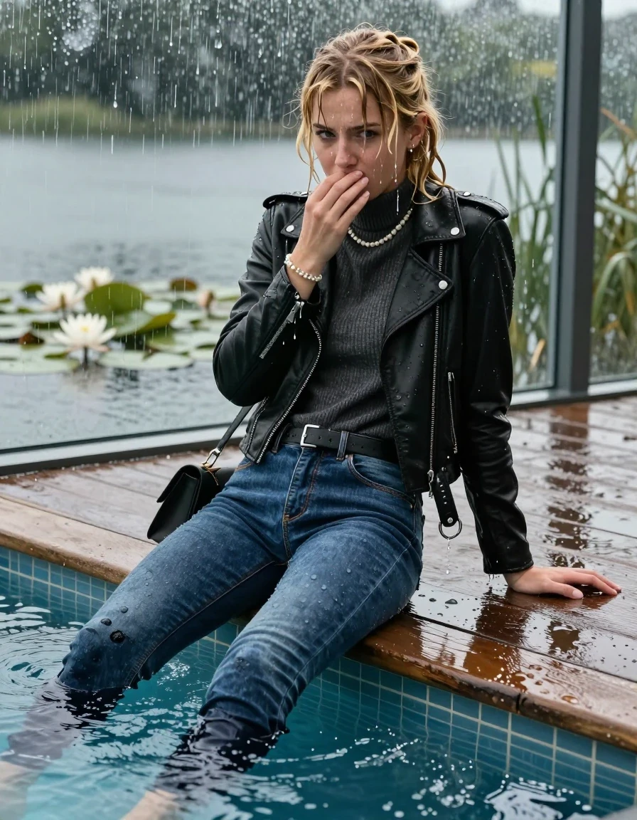 photo of young woman, in soaking wet, drenched clothes,
Flats, Skinny Levis jeans with belt, Black biker leatherjacket, tight knitted turtleneck sweater, shoulderbag, pearl necklace, bracelet, wristwatch, jetty by the lake with water lilies and reeds, 
enjoying, wet clothes stuck to body,
detailed textures of the wet clothes, wet face, wet plastered hair,
wet, drenched, professional, high-quality details, full body view.
sharp focus, ultra-high pixel detail, realistic, high-quality, full colors, incredibly detailed, 4k, 8k, 16k, hyper-realistic, RAW photo, masterpiece, ultra-detailed, professionally color graded, professional photograph, A realistic vertical fashion photograph taken from a backward, behind-the-back angle of a 10-year-old teengirl lying  and slides in a glass-walled outdoor swimming pool, facing down to the camera to show her back. 

She is tilting her head back directly at the Camera , letting the water drench her hair so it is glued flat against her head and body. 
She has  blonde hair with a half-up topknot and bangs, completely saturated and dripping wet hair, with water cascading down her face and neck. Shy and insecure expression. She is a Little Bit fearful. Hold a flat hand in Front of her mouth. Slight Open mouth, half closed eyes. 

The lighting is bright and cinematic, highlighting the glistening water droplets and the saturated texture of her  casual clothes. Outside the large glass wall of the pool building, heavy rain is visible falling against the window. Soft, moody indoor lighting with reflections on the water. High-quality fashion photography style.
her clothing is soaking wet and clinging tightly to her skin, showing heavy wet folds, darkened fabric texture, and deep water-saturated Patches, her clothes are heavy from the water, water runs from her body and her clothes in streams. A lot of water also runs out of her clothes. Her clothes are darkened by the water. 
hyper-realistic wetness, high-contrast water sheen, sharp focus, 16k resolution, professional photography, realistic water physics., wet skin, wet clothes, damp fabric., wet skin, wet clothes, damp fabric, wet skin, wet clothes, damp fabric, wet skin, wet clothes, damp fabric, wet skin, wet clothes, damp fabric