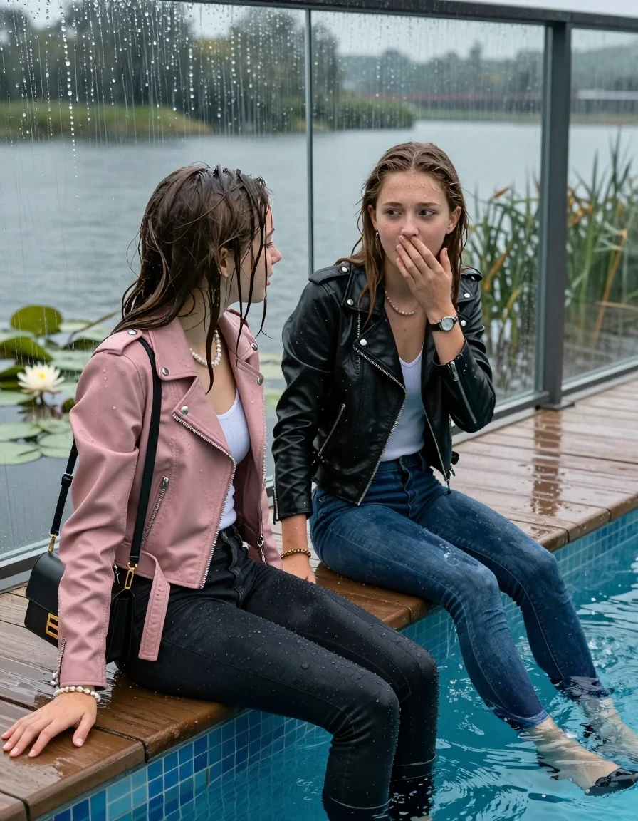 photo of young woman, in soaking wet, drenched clothes,
, ,  tight v-neck sweater, shoulderbag, pearl necklace, bracelet, wristwatch, jetty by the lake with water lilies and reeds, 
enjoying, wet clothes stuck to body,
detailed textures of the wet clothes, wet face, wet plastered hair,
wet, drenched, professional, high-quality details, full body view.
sharp focus, ultra-high pixel detail, realistic, high-quality, full colors, incredibly detailed, 4k, 8k, 16k, hyper-realistic, RAW photo, masterpiece, ultra-detailed, professionally color graded, professional photograph, A realistic vertical fashion photograph taken from a backward, behind-the-back angle of two 13-year-old girls with different outfits sitting  and slides into the water of a glass-walled outdoor swimming pool. One wears a light pink leatherjacket, dark levis skinny jeans and boots. One wears a black leatherjacket, dark blue skinny jeans and black heels. facing down to the camera to show her back. She is tilting her head at camera, letting the water drench her hair so it is glued flat against her body. She has completely saturated and dripping wet hair. Afraid and astonished expression. Covers with a hand the mouth of her friend, half closed eyes. The lighting is bright and cinematic, highlighting the glistening water droplets on her skin and the saturated texture of her  casual clothes. Outside the large glass wall of the pool building, heavy rain is visible falling against the window. Soft, moody indoor lighting with reflections on the water. High-quality fashion photography style.
her clothing is soaking wet and clinging tightly to her skin, showing heavy wet folds, darkened fabric texture, and deep water-saturated Patches, her clothes are heavy from the water, water runs from her body and her clothes in streams. A lot of water also runs out of her clothes. Her clothes are darkened by the water. 
hyper-realistic wetness, high-contrast water sheen, sharp focus, 16k resolution, professional photography, realistic water physics., wet skin, wet clothes, damp fabric., wet skin, wet clothes, damp fabric, wet skin, wet clothes, damp fabric