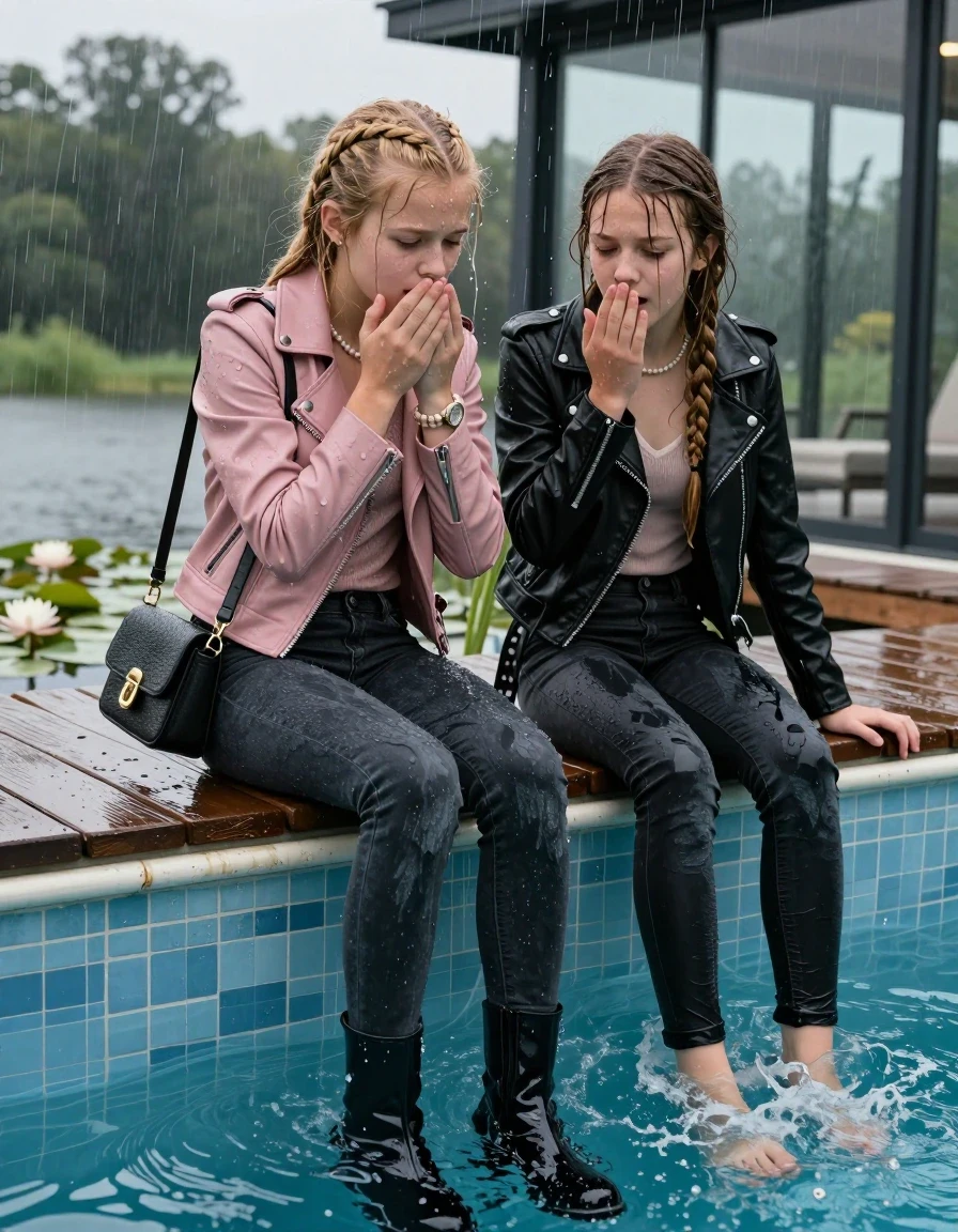 photo of young woman, in soaking wet, drenched clothes,
Angle boots and black heels, Dark levis skinny jeans, Light pink leatherjacket and black biker leatherjacket, tight v-neck sweater, shoulderbag, pearl necklace, bracelet, wristwatch, jetty by the lake with water lilies and reeds, 
enjoying, wet clothes stuck to body,
detailed textures of the wet clothes, wet face, wet plastered hair,
wet, drenched, professional, high-quality details, full body view.
sharp focus, ultra-high pixel detail, realistic, high-quality, full colors, incredibly detailed, 4k, 8k, 16k, hyper-realistic, RAW photo, masterpiece, ultra-detailed, professionally color graded, professional photograph, A realistic vertical fashion photograph taken from a backward, behind-the-back angle of two 13-year-old girls with different outfits sitting  and slides into a glass-walled outdoor swimming pool, facing down to the camera to show her back. She is tilting her head at camera, letting the water drench her hair so it is glued flat against her body. She has  blonde braided hair, completely saturated and dripping wet hair. Afraid and astonished expression. Covers with a hand the mouth of her friend, half closed eyes. The lighting is bright and cinematic, highlighting the glistening water droplets on her skin and the saturated texture of her  casual clothes. Outside the large glass wall of the pool building, heavy rain is visible falling against the window. Soft, moody indoor lighting with reflections on the water. High-quality fashion photography style.
her clothing is soaking wet and clinging tightly to her skin, showing heavy wet folds, darkened fabric texture, and deep water-saturated Patches, her clothes are heavy from the water, water runs from her body and her clothes in streams. A lot of water also runs out of her clothes. Her clothes are darkened by the water. 
hyper-realistic wetness, high-contrast water sheen, sharp focus, 16k resolution, professional photography, realistic water physics., wet skin, wet clothes, damp fabric., wet skin, wet clothes, damp fabric, wet skin, wet clothes, damp fabric