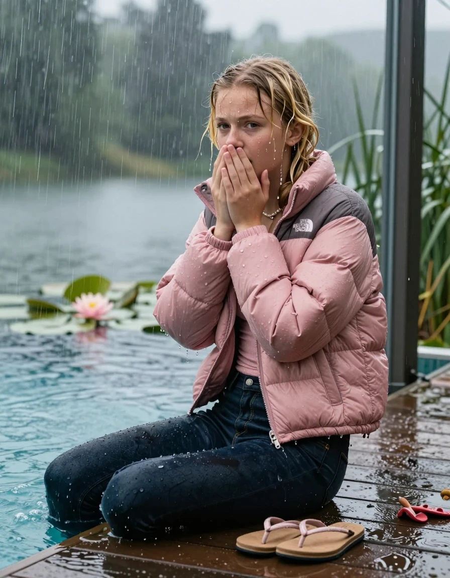photo of young woman, in soaking wet, drenched clothes,
Flip Flops , Dark tight skinny Levi’s Jeans , Pink North face puffer down jacket, tight v-neck sweater, shoulderbag, pearl necklace, bracelet, wristwatch, jetty by the lake with water lilies and reeds, sitting under heavy rain, 
enjoying, wet clothes stuck to body,
detailed textures of the wet clothes, wet face, wet plastered hair,
wet, drenched, professional, high-quality details, full body view.
sharp focus, ultra-high pixel detail, realistic, high-quality, full colors, incredibly detailed, 4k, 8k, 16k, hyper-realistic, RAW photo, masterpiece, ultra-detailed, professionally color graded, professional photograph, A realistic vertical fashion photograph taken from a backward, behind-the-back angle of a Young horny 12-year-old teengirl sitting  and slides in a glass-walled outdoor swimming pool, facing to the camera to show her back. 

She is tilting her head at camera, letting the water drench her hair so it is glued flat against her head and body. 
She has  blonde pigtails, completely saturated and dripping wet hair, with water cascading down her face and neck. Worried and Astonished expression. Hold her hands over her mouth and nose. Slight Open mouth, half closed eyes. 

The lighting is bright and cinematic, highlighting the glistening water droplets and the saturated texture of her  casual clothes. Outside the large glass wall of the pool building, heavy rain is visible falling against the window. Soft, moody indoor lighting with reflections on the water. High-quality fashion photography style.
her clothing is soaking wet and clinging tightly to her skin, showing heavy wet folds, darkened fabric texture, and deep water-saturated Patches, her clothes are heavy from the water, water runs from her body and her clothes in streams. A lot of water also runs out of her clothes. Her clothes are darkened by the water. 
hyper-realistic wetness, high-contrast water sheen, sharp focus, 16k resolution, professional photography, realistic water physics., wet skin, wet clothes, damp fabric., wet skin, wet clothes, damp fabric, wet skin, wet clothes, damp fabric, wet skin, wet clothes, damp fabric, wet skin, wet clothes, damp fabric