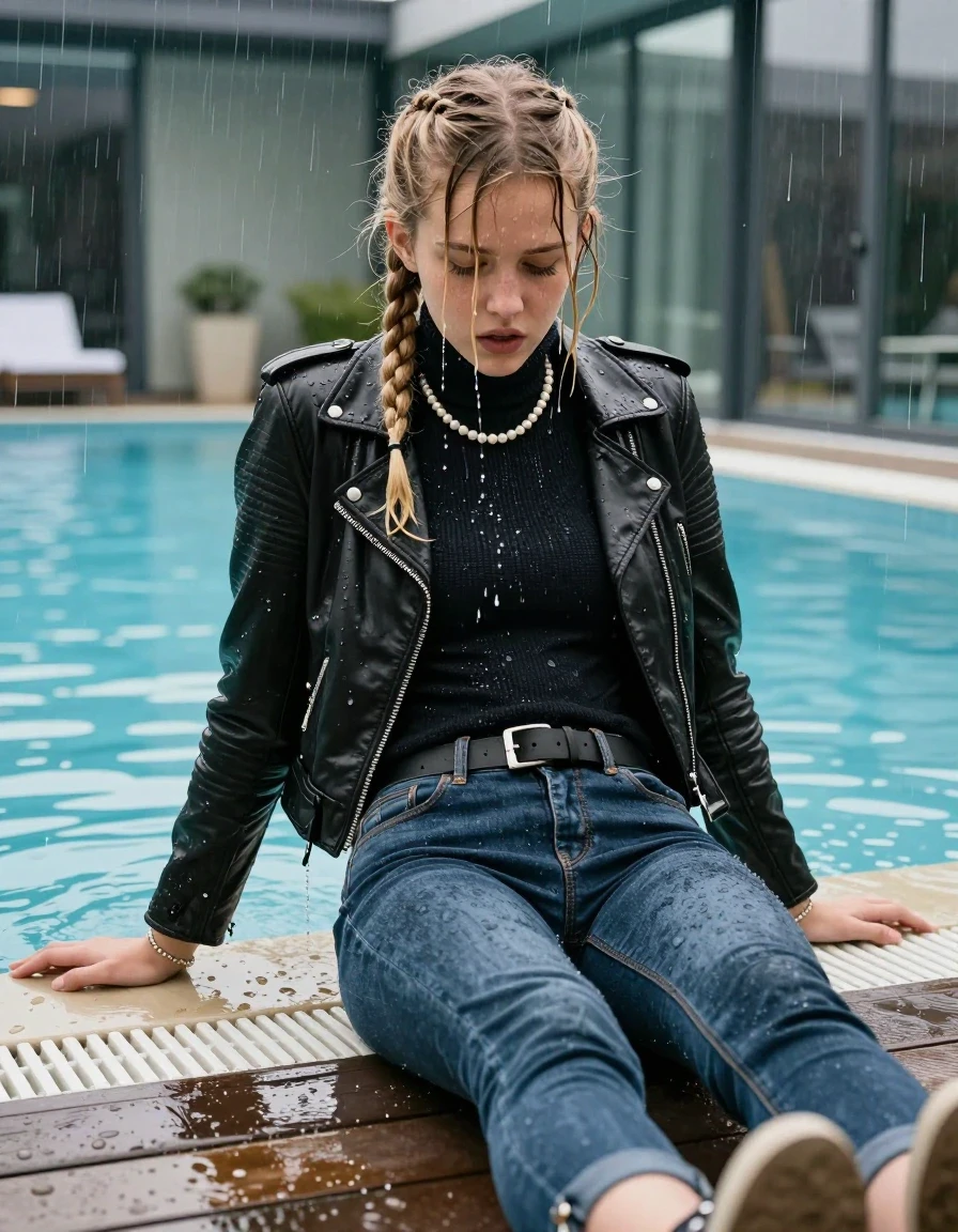 photo of young woman, in soaking wet, drenched clothes,
Flats, Skinny Levis jeans with belt, Black biker leatherjacket, tight knitted turtleneck sweater, shoulderbag, pearl necklace, bracelet, wristwatch, jetty by the pool, 
enjoying, wet clothes stuck to body,
detailed textures of the wet clothes, wet face, wet plastered hair,
wet, drenched, professional, high-quality details, full body view.
sharp focus, ultra-high pixel detail, realistic, high-quality, full colors, incredibly detailed, 4k, 8k, 16k, hyper-realistic, RAW photo, masterpiece, ultra-detailed, professionally color graded, professional photograph, A realistic vertical fashion photograph taken from a backward, behind-the-back angle of a 10-year-old teengirl lying  and slides in a glass-walled outdoor swimming pool, facing down to the camera to show her back. 

She is tilting her head back directly at the Camera , letting the water drench her hair so it is glued flat against her head and body. 
She has  blonde braided hair hair with bangs, completely saturated and dripping wet hair, with water cascading down her face and neck. Shy and insecure expression. She is a Little Bit fearful. Hold a flat hand in Front of her mouth. Slight Open mouth, half closed eyes. 

The lighting is bright and cinematic, highlighting the glistening water droplets and the saturated texture of her  casual clothes. Outside the large glass wall of the pool building, heavy rain is visible falling against the window. Soft, moody indoor lighting with reflections on the water. High-quality fashion photography style.
her clothing is soaking wet and clinging tightly to her skin, showing heavy wet folds, darkened fabric texture, and deep water-saturated Patches, her clothes are heavy from the water, water runs from her body and her clothes in streams. A lot of water also runs out of her clothes. Her clothes are darkened by the water. 
hyper-realistic wetness, high-contrast water sheen, sharp focus, 16k resolution, professional photography, realistic water physics., wet skin, wet clothes, damp fabric., wet skin, wet clothes, damp fabric, wet skin, wet clothes, damp fabric, wet skin, wet clothes, damp fabric, wet skin, wet clothes, damp fabric