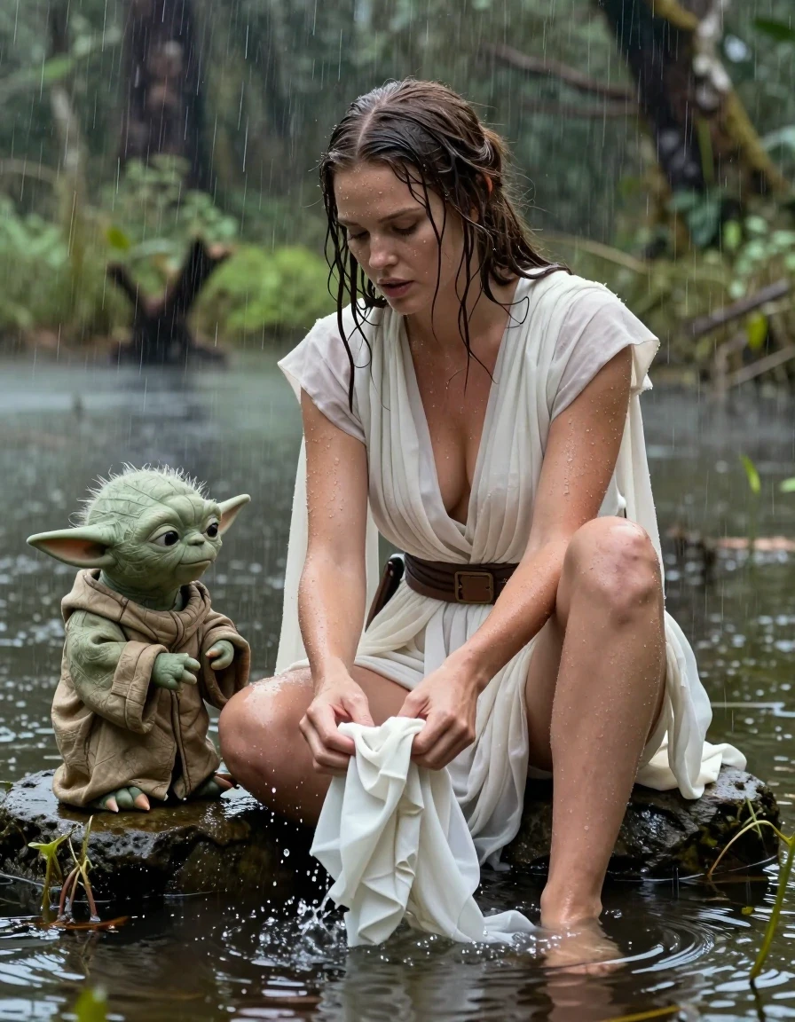 photo of young woman, in soaking wet, drenched clothes,
barefeed, star wars princess leia outfit, shallow swamp lake, witth a dark jungle in the background, Star Wars style, 
enjoying, wet clothes stuck to body,
detailed textures of the wet clothes, wet face, wet plastered hair,
wet, drenched, professional, high-quality details, full body view.
sharp focus, ultra-high pixel detail, realistic, high-quality, full colors, incredibly detailed, 4k, 8k, 16k, hyper-realistic, RAW photo, masterpiece, ultra-detailed, professionally color graded, professional photograph, a young nordic girl wears a princess leia style white outfit an princess leia hair style. she is sitting on a stone in a swamp lake and cleans her clothes wih water from the lake. next to her is sitting yoda from Star Wars on an other stone. yoda is talking to her. the clothes are completly drenched and dirty from the swamp. the girl wears no bra. her big breasts are visible through the seethrough Dress. on the picture ist heavy rain. wet skin, wet hair, wet clothes, damp fabric, wet skin, wet clothes, damp fabric, wet skin, wet clothes, damp fabric