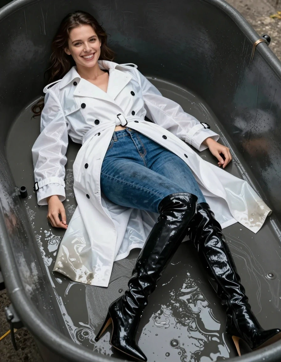 A photorealistic medium-full shot of a young adult European woman with a happy, beaming smile, lying down inside a large, industrial-style gunge tank. She is wearing a crisp white trench coat that is heavy, clinging, and translucent from being soaked through with thick, viscous sludge, creating deep folds and wet textures. Beneath the coat, she wears soaking-wet blue denim jeans, water-saturated heavyweight denim, blue changed to deep navy and indigo, substantially darker unevenly soaked patches, absorbed water, heavy wet folds, visible weave and stitching, and strong glossy specular reflections on the raised weave, seams, and creases. On her feet are sleek, black thigh-high stiletto boots, coated in a thick, glossy, wet sheen. The lighting is bright and clinical, highlighting the contrast between the dark, saturated wet denim and the slick, reflective surfaces of the boots and trench coat. The scene is captured with sharp focus, emphasizing the realistic wetness, skin texture, and the palpable weight of the saturated fabrics in a high-detail photographic style.