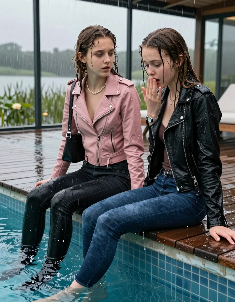 photo of young woman, in soaking wet, drenched clothes,
, ,  tight v-neck sweater, shoulderbag, pearl necklace, bracelet, wristwatch, jetty by the lake with water lilies and reeds, 
enjoying, wet clothes stuck to body,
detailed textures of the wet clothes, wet face, wet plastered hair,
wet, drenched, professional, high-quality details, full body view.
sharp focus, ultra-high pixel detail, realistic, high-quality, full colors, incredibly detailed, 4k, 8k, 16k, hyper-realistic, RAW photo, masterpiece, ultra-detailed, professionally color graded, professional photograph, A realistic vertical fashion photograph taken from a backward, behind-the-back angle of two 13-year-old girls with different outfits sitting  and slides into the water of a glass-walled outdoor swimming pool. One wears a light pink leatherjacket, dark levis skinny jeans and boots. One wears a black leatherjacket, dark blue skinny jeans and black heels. facing down to the camera to show her back. She is tilting her head at camera, letting the water drench her hair so it is glued flat against her body. She has completely saturated and dripping wet hair. Afraid and astonished expression. One hold her hand over the mouth of the other girl. half closed eyes. The lighting is bright and cinematic, highlighting the glistening water droplets on her skin and the saturated texture of her  casual clothes. Outside the large glass wall of the pool building, heavy rain is visible falling against the window. Soft, moody indoor lighting with reflections on the water. High-quality fashion photography style.
her clothing is soaking wet and clinging tightly to her skin, showing heavy wet folds, darkened fabric texture, and deep water-saturated Patches, her clothes are heavy from the water, water runs from her body and her clothes in streams. A lot of water also runs out of her clothes. Her clothes are darkened by the water. 
hyper-realistic wetness, high-contrast water sheen, sharp focus, 16k resolution, professional photography, realistic water physics., wet skin, wet clothes, damp fabric., wet skin, wet clothes, damp fabric, wet skin, wet clothes, damp fabric
