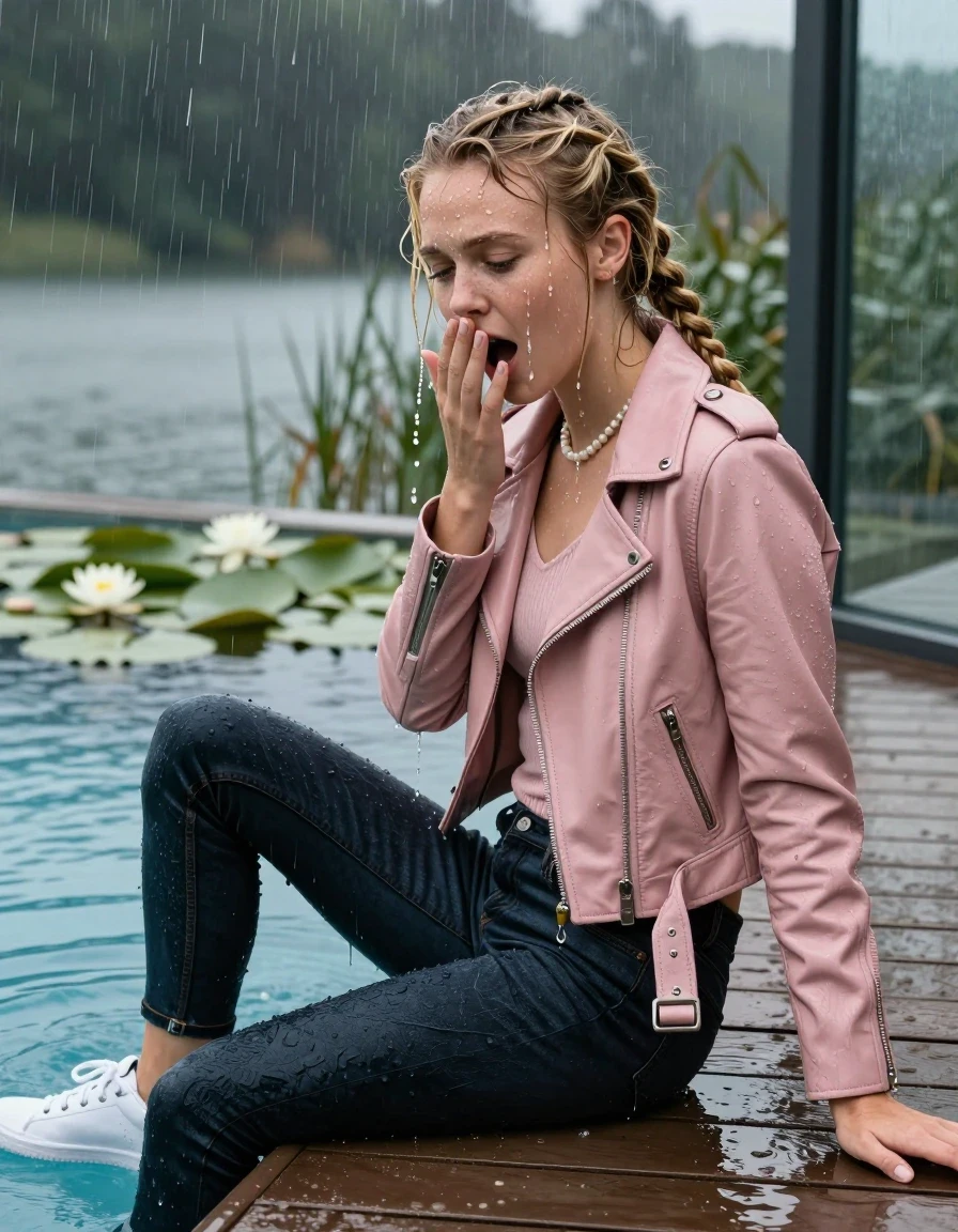 photo of young woman, in soaking wet, drenched clothes,
White sneaker, Dark levis skinny jeans, Light pink biker leatherjacket, tight v-neck sweater, shoulderbag, pearl necklace, bracelet, wristwatch, jetty by the lake with water lilies and reeds, 
enjoying, wet clothes stuck to body,
detailed textures of the wet clothes, wet face, wet plastered hair,
wet, drenched, professional, high-quality details, full body view.
sharp focus, ultra-high pixel detail, realistic, high-quality, full colors, incredibly detailed, 4k, 8k, 16k, hyper-realistic, RAW photo, masterpiece, ultra-detailed, professionally color graded, professional photograph, A realistic vertical fashion photograph taken from a backward, behind-the-back angle of a 12-year-old girl sitting  and slides into a glass-walled outdoor swimming pool, facing down to the camera to show her back. She is tilting her head at camera, letting the water drench her hair so it is glued flat against her head and body. She has  blonde braided hair, completely saturated and dripping wet hair, with water cascading down her face and neck. Afraid and astonished expression. hands on her mouth, half closed eyes. The lighting is bright and cinematic, highlighting the glistening water droplets on her skin and the saturated texture of her  casual clothes. Outside the large glass wall of the pool building, heavy rain is visible falling against the window. Soft, moody indoor lighting with reflections on the water. High-quality fashion photography style.
her clothing is soaking wet and clinging tightly to her skin, showing heavy wet folds, darkened fabric texture, and deep water-saturated Patches, her clothes are heavy from the water, water runs from her body and her clothes in streams. A lot of water also runs out of her clothes. Her clothes are darkened by the water. 
hyper-realistic wetness, high-contrast water sheen, sharp focus, 16k resolution, professional photography, realistic water physics., wet skin, wet clothes, damp fabric., wet skin, wet clothes, damp fabric, wet skin, wet clothes, damp fabric, wet skin, wet clothes, damp fabric
