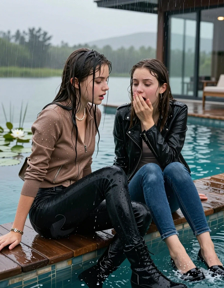 photo of young woman, in soaking wet, drenched clothes,
, ,  tight v-neck sweater, shoulderbag, pearl necklace, bracelet, wristwatch, jetty by the lake with water lilies and reeds, 
enjoying, wet clothes stuck to body,
detailed textures of the wet clothes, wet face, wet plastered hair,
wet, drenched, professional, high-quality details, full body view.
sharp focus, ultra-high pixel detail, realistic, high-quality, full colors, incredibly detailed, 4k, 8k, 16k, hyper-realistic, RAW photo, masterpiece, ultra-detailed, professionally color graded, professional photograph, A realistic vertical fashion photograph taken from a backward, behind-the-back angle of two 13-year-old girls with different outfits sitting  and slides into the water of a glass-walled outdoor swimming pool. One wears a light brown leatherjacket, dark levis skinny jeans and boots. One wears a black leatherjacket, dark blue skinny jeans and black heels. facing down to the camera to show her back. She is tilting her head at camera, letting the water drench her hair so it is glued flat against her body. She has completely saturated and dripping wet hair. Afraid and astonished expression. Covers with a hand the mouth of her friend, half closed eyes. The lighting is bright and cinematic, highlighting the glistening water droplets on her skin and the saturated texture of her  casual clothes. Outside the large glass wall of the pool building, heavy rain is visible falling against the window. Soft, moody indoor lighting with reflections on the water. High-quality fashion photography style.
her clothing is soaking wet and clinging tightly to her skin, showing heavy wet folds, darkened fabric texture, and deep water-saturated Patches, her clothes are heavy from the water, water runs from her body and her clothes in streams. A lot of water also runs out of her clothes. Her clothes are darkened by the water. 
hyper-realistic wetness, high-contrast water sheen, sharp focus, 16k resolution, professional photography, realistic water physics., wet skin, wet clothes, damp fabric., wet skin, wet clothes, damp fabric, wet skin, wet clothes, damp fabric, wet skin, wet clothes, damp fabric