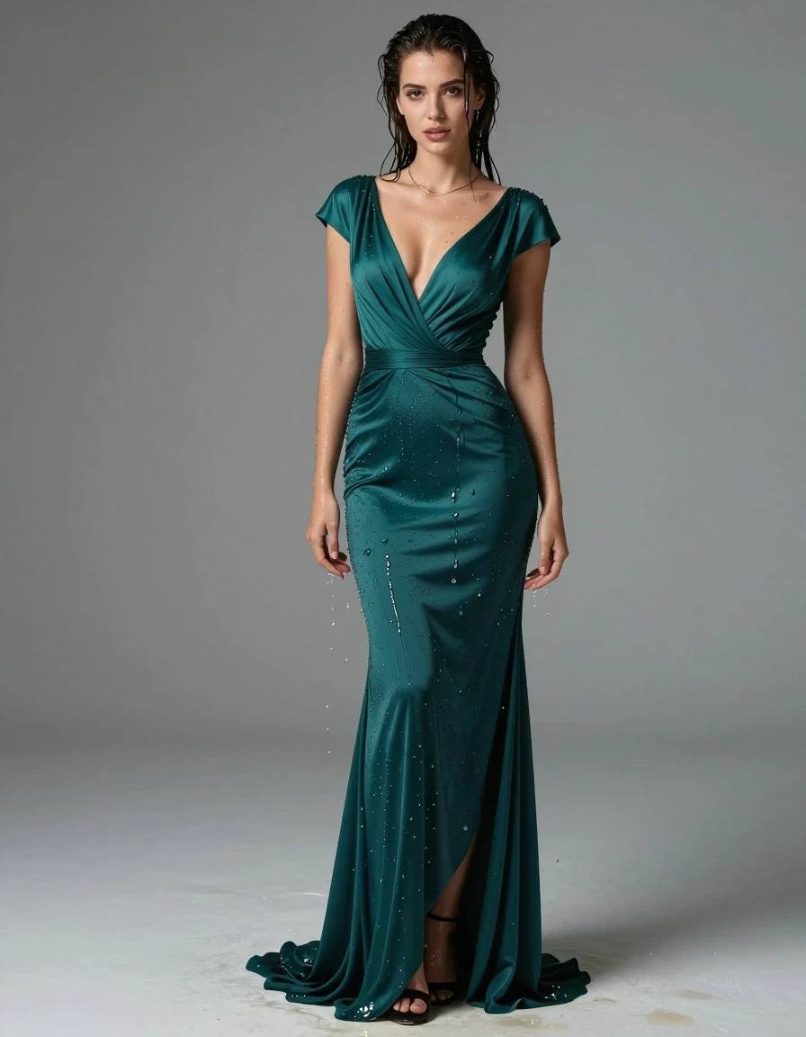 photo of young woman, in soaking wet, drenched clothes,
heels, , stunning floor-length emerald teal formal gown with short cap sleeves, , Bathing with her clothes on , 
enjoying, wet clothes stuck to body,
detailed textures of the wet clothes, wet face, wet plastered hair,
wet, drenched, professional, high-quality details, full body view.
sharp focus, ultra-high pixel detail, realistic, high-quality, full colors, incredibly detailed, 4k, 8k, 16k, hyper-realistic, RAW photo, masterpiece, ultra-detailed, professionally color graded, professional photograph, Thin plain necklace, , sexy body, wearing perfume , getting it drenched, wet skin, wet clothes, damp fabric