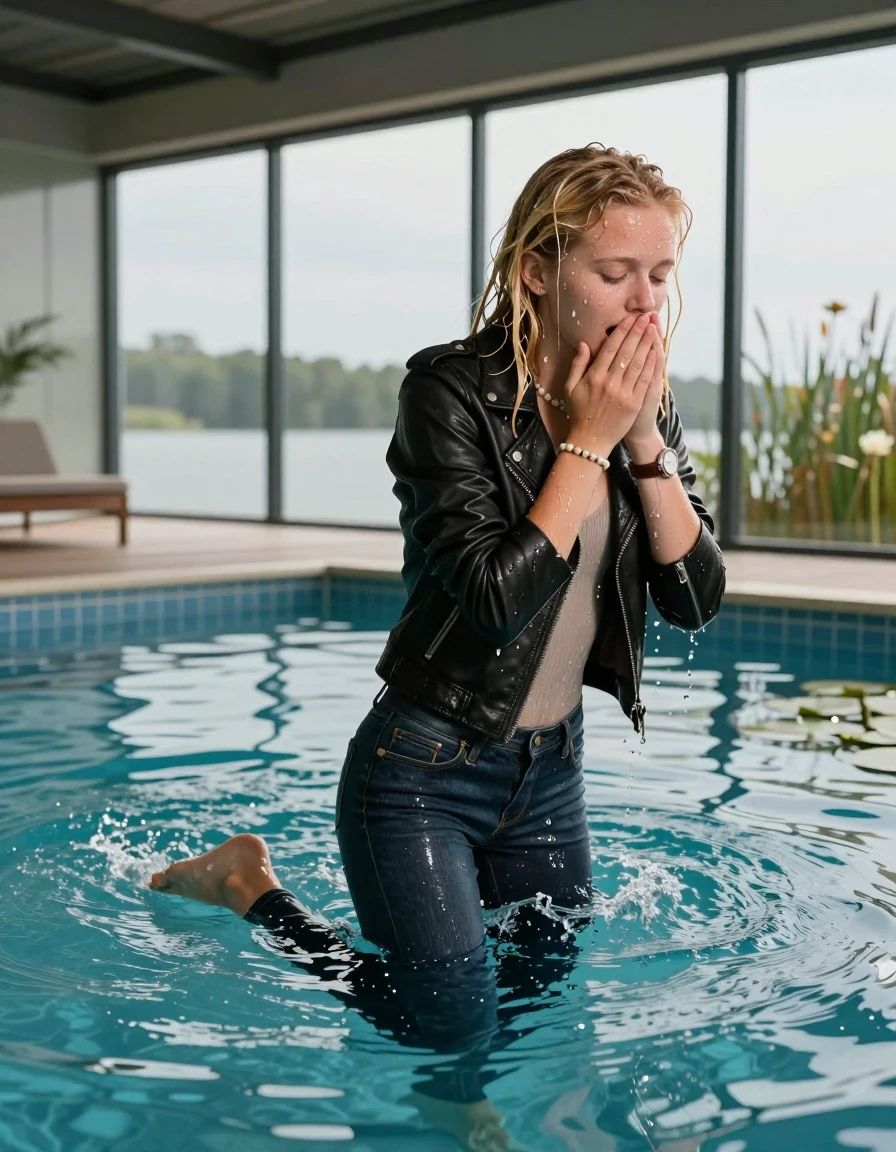 photo of young woman, in soaking wet, drenched clothes,
, Dark levis skinny jeans, Biker leatherjacket, tight v-neck sweater, shoulderbag, pearl necklace, bracelet, wristwatch, Swimming and sinking deep into the water after diving in jetty by the lake with water lilies and reeds, 
enjoying, wet clothes stuck to body,
detailed textures of the wet clothes, wet face, wet plastered hair,
wet, drenched, professional, high-quality details, full body view.
sharp focus, ultra-high pixel detail, realistic, high-quality, full colors, incredibly detailed, 4k, 8k, 16k, hyper-realistic, RAW photo, masterpiece, ultra-detailed, professionally color graded, professional photograph, A realistic vertical fashion photograph of a 12-year-old girl emerge water up to her neck after swimming and Diving into a glass-walled outdoor swimming pool.  Her complete body and legs are under the surface, only her head and shoulders are visible above the water surface. her hair is glued flat against her head and body. She has completely saturated and dripping wet blonde hair, with water cascading down her neck. Afraid and astonished expression. Hold her hands over her mouth. Half closed eyes. The lighting is bright and cinematic. Outside the large glass wall of the pool building, sunshine. Soft, moody indoor lighting with reflections on the water. High-quality fashion photography style.
hyper-realistic wetness, high-contrast water sheen, sharp focus, 16k resolution, professional photography, realistic water physics. Wet skin, wet clothes, damp fabric., wet skin, wet clothes, damp fabric, wet skin, wet clothes, damp fabric