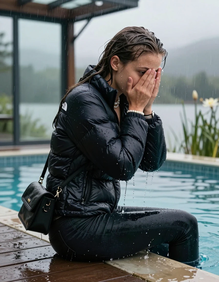 photo of young woman, in soaking wet, drenched clothes,
, Dark levis skinny jeans, Black North face puffer down jacket, tight v-neck sweater, shoulderbag, pearl necklace, bracelet, wristwatch, jetty by the lake with water lilies and reeds, 
enjoying, wet clothes stuck to body,
detailed textures of the wet clothes, wet face, wet plastered hair,
wet, drenched, professional, high-quality details, full body view.
sharp focus, ultra-high pixel detail, realistic, high-quality, full colors, incredibly detailed, 4k, 8k, 16k, hyper-realistic, RAW photo, masterpiece, ultra-detailed, professionally color graded, professional photograph, A realistic vertical fashion photograph taken from a backward, behind-the-back angle of a 12-year-old girl sitting  and slides into a glass-walled outdoor swimming pool, facing down to the camera to show her back. She is tilting her head at camera, letting the water drench her hair so it is glued flat against her head and body. She has Sleek long straight hair with braids, completely saturated and dripping wet hair, with water cascading down her face and neck. Afraid and astonished expression. cover her whole face with her hands. big eyes. The lighting is bright and cinematic, highlighting the glistening water droplets on her skin and the saturated texture of her  casual clothes. Outside the large glass wall of the pool building, heavy rain is visible falling against the window. Soft, moody indoor lighting with reflections on the water. High-quality fashion photography style.
her clothing is soaking wet and clinging tightly to her skin, showing heavy wet folds, darkened fabric texture, and deep water-saturated Patches, her clothes are heavy from the water, water runs from her body and her clothes in streams. A lot of water also runs out of her clothes. Her clothes are darkened by the water. 
hyper-realistic wetness, high-contrast water sheen, sharp focus, 16k resolution, professional photography, realistic water physics., wet skin, wet clothes, damp fabric., wet skin, wet clothes, damp fabric, wet skin, wet clothes, damp fabric