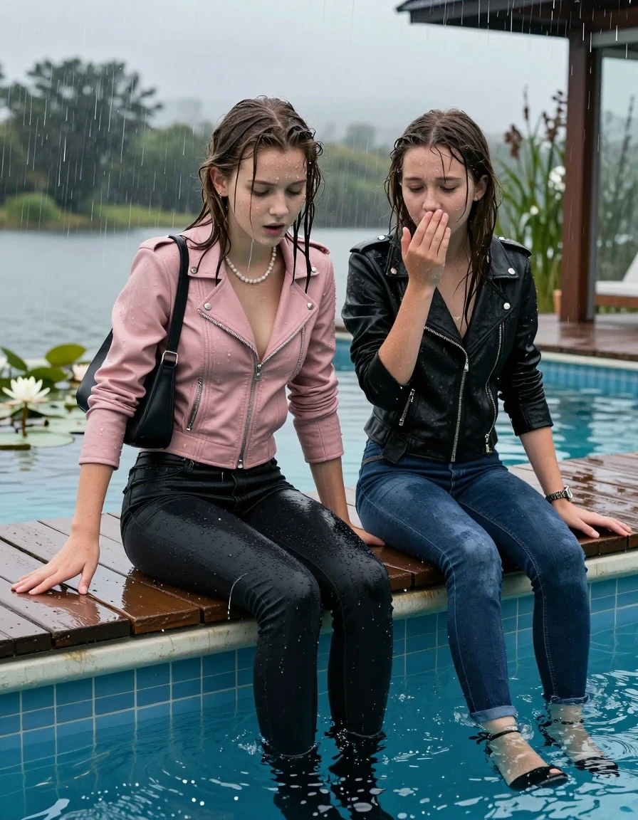 photo of young woman, in soaking wet, drenched clothes,
, ,  tight v-neck sweater, shoulderbag, pearl necklace, bracelet, wristwatch, jetty by the lake with water lilies and reeds, 
enjoying, wet clothes stuck to body,
detailed textures of the wet clothes, wet face, wet plastered hair,
wet, drenched, professional, high-quality details, full body view.
sharp focus, ultra-high pixel detail, realistic, high-quality, full colors, incredibly detailed, 4k, 8k, 16k, hyper-realistic, RAW photo, masterpiece, ultra-detailed, professionally color graded, professional photograph, A realistic vertical fashion photograph taken from a backward, behind-the-back angle of two 13-year-old girls with different outfits sitting  and slides into the water of a glass-walled outdoor swimming pool. One wears a light pink leatherjacket, dark levis skinny jeans and boots. One wears a black leatherjacket, dark blue skinny jeans and black heels. facing down to the camera to show her back. She is tilting her head at camera, letting the water drench her hair so it is glued flat against her body. She has completely saturated and dripping wet hair. Afraid and astonished expression. One Covers with a hand the mouth of the other girl. half closed eyes. The lighting is bright and cinematic, highlighting the glistening water droplets on her skin and the saturated texture of her  casual clothes. Outside the large glass wall of the pool building, heavy rain is visible falling against the window. Soft, moody indoor lighting with reflections on the water. High-quality fashion photography style.
her clothing is soaking wet and clinging tightly to her skin, showing heavy wet folds, darkened fabric texture, and deep water-saturated Patches, her clothes are heavy from the water, water runs from her body and her clothes in streams. A lot of water also runs out of her clothes. Her clothes are darkened by the water. 
hyper-realistic wetness, high-contrast water sheen, sharp focus, 16k resolution, professional photography, realistic water physics., wet skin, wet clothes, damp fabric., wet skin, wet clothes, damp fabric, wet skin, wet clothes, damp fabric