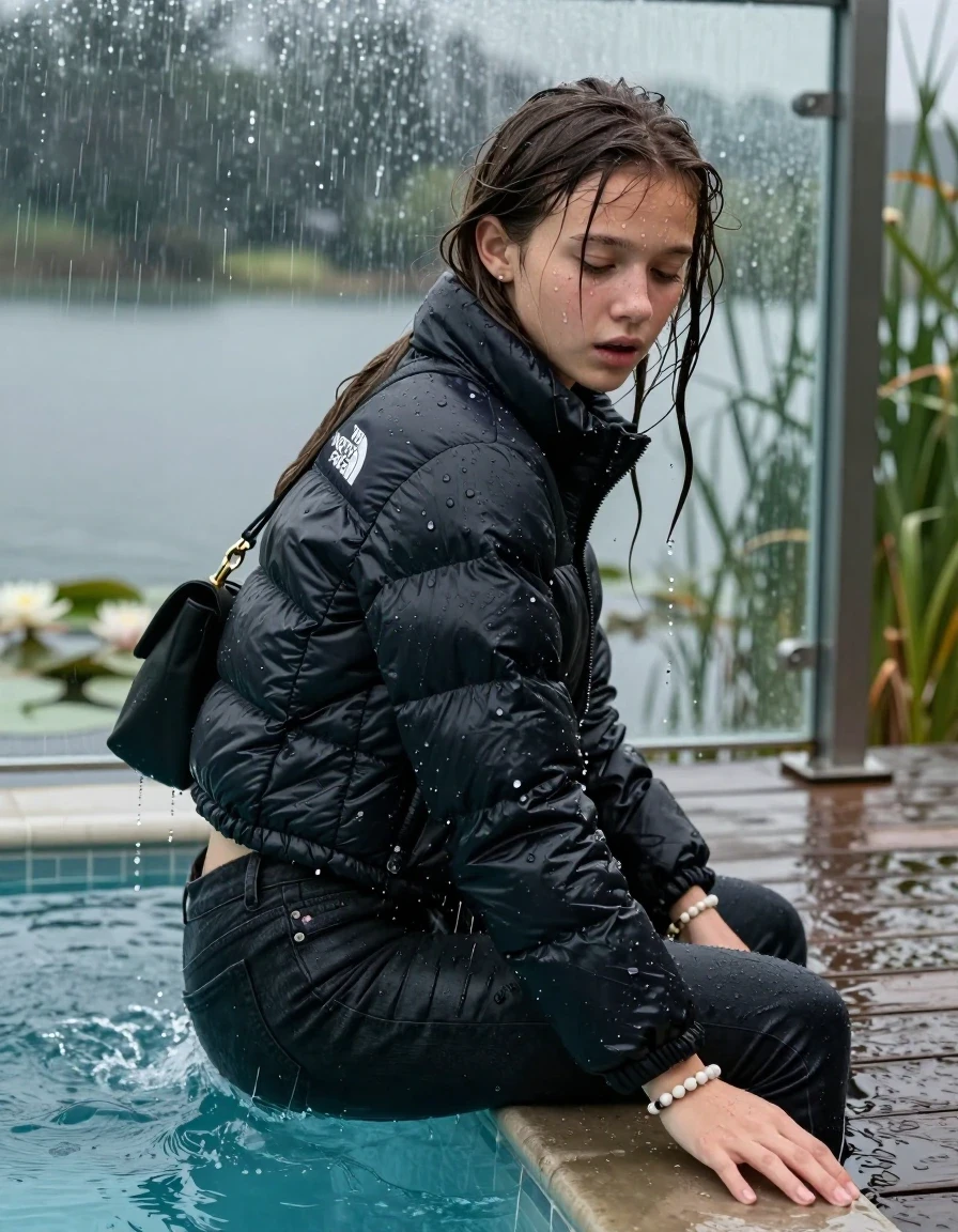 photo of young woman, in soaking wet, drenched clothes,
, Dark levis skinny jeans, Black North face puffer down jacket, tight v-neck sweater, shoulderbag, pearl necklace, bracelet, wristwatch, jetty by the lake with water lilies and reeds, 
enjoying, wet clothes stuck to body,
detailed textures of the wet clothes, wet face, wet plastered hair,
wet, drenched, professional, high-quality details, full body view.
sharp focus, ultra-high pixel detail, realistic, high-quality, full colors, incredibly detailed, 4k, 8k, 16k, hyper-realistic, RAW photo, masterpiece, ultra-detailed, professionally color graded, professional photograph, A realistic vertical fashion photograph taken from a backward, behind-the-back angle of a 12-year-old girl sitting  and slides into a glass-walled outdoor swimming pool, facing down to the camera to show her back. She is tilting her head at camera, letting the water drench her hair so it is glued flat against her head and body. She has completely saturated and dripping wet hair, with water cascading down her face and neck. Afraid and astonished expression. Hold her hands on her knees. Half closed eyes. The lighting is bright and cinematic, highlighting the glistening water droplets on her skin and the saturated texture of her  casual clothes. Outside the large glass wall of the pool building, heavy rain is visible falling against the window. Soft, moody indoor lighting with reflections on the water. High-quality fashion photography style.
her clothing is soaking wet and clinging tightly to her skin, showing heavy wet folds, darkened fabric texture, and deep water-saturated Patches, her clothes are heavy from the water, water runs from her body and her clothes in streams. A lot of water also runs out of her clothes. Her clothes are darkened by the water. 
hyper-realistic wetness, high-contrast water sheen, sharp focus, 16k resolution, professional photography, realistic water physics., wet skin, wet clothes, damp fabric., wet skin, wet clothes, damp fabric, wet skin, wet clothes, damp fabric