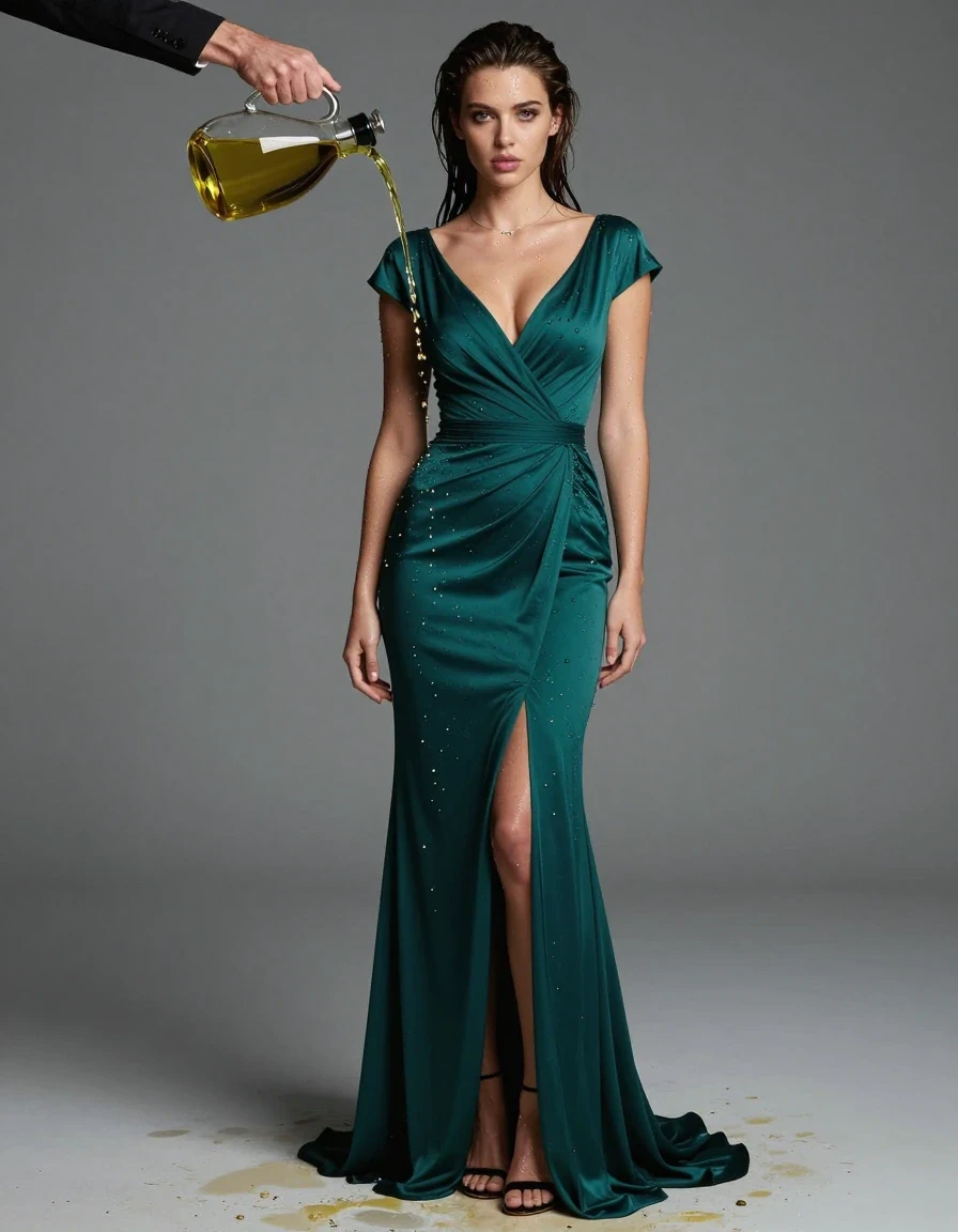 photo of young woman, in soaking wet, drenched clothes,
heels, , stunning floor-length emerald teal formal gown with short cap sleeves, , A guy pouring oil over the women, 
enjoying, wet clothes stuck to body,
detailed textures of the wet clothes, wet face, wet plastered hair,
wet, drenched, professional, high-quality details, full body view.
sharp focus, ultra-high pixel detail, realistic, high-quality, full colors, incredibly detailed, 4k, 8k, 16k, hyper-realistic, RAW photo, masterpiece, ultra-detailed, professionally color graded, professional photograph, Thin plain necklace, , sexy body, wearing perfume ,, wet skin, wet clothes, damp fabric