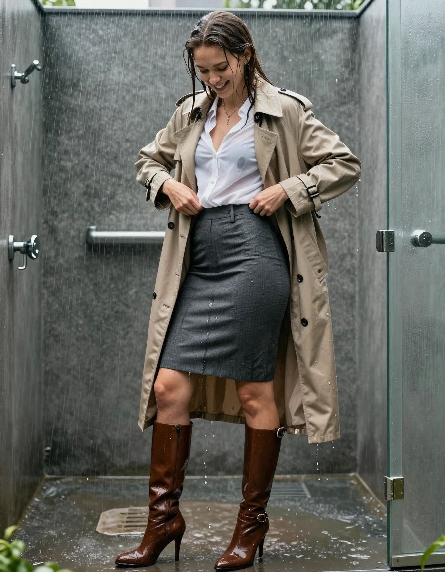 A young adult European woman with wet hair and skin, smiling while fumbling with her dripping wet clothing, medium full-body shot. She is wearing a white long blouse under an oversized beige trench coat that is completely drenched in heavy rain, featuring dark saturated patches and water droplets clinging to the hem. Below this, a tapered tailored skirt in charcoal grey is heavy with rainwater, fabric clinging to skin and revealing texture. She wears leather knee-high stiletto boots in brown with a buckle, which are completely soaked and glistening. The scene is set inside a very large grand shower. The image features hyper-realistic water textures, cinematic natural lighting, sharp focus on fabric weave, captured with an 85mm lens in an editorial fashion photography style. The scene contains no lingerie, no sexual acts, no dry clothing, no sunlight, and is free of distortion.