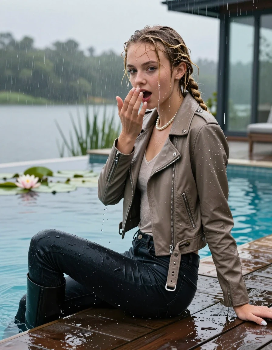 photo of young woman, in soaking wet, drenched clothes,
Black high boots, Dark levis skinny jeans, Light brown biker leatherjacket, tight v-neck sweater, shoulderbag, pearl necklace, bracelet, wristwatch, jetty by the lake with water lilies and reeds, 
enjoying, wet clothes stuck to body,
detailed textures of the wet clothes, wet face, wet plastered hair,
wet, drenched, professional, high-quality details, full body view.
sharp focus, ultra-high pixel detail, realistic, high-quality, full colors, incredibly detailed, 4k, 8k, 16k, hyper-realistic, RAW photo, masterpiece, ultra-detailed, professionally color graded, professional photograph, A realistic vertical fashion photograph taken from a backward, behind-the-back angle of a 12-year-old girl sitting  and slides into a glass-walled outdoor swimming pool, facing down to the camera to show her back. She is tilting her head at camera, letting the water drench her hair so it is glued flat against her head and body. She has  blonde braided hair, completely saturated and dripping wet hair, with water cascading down her face and neck. Horny aroused and astonished expression. Hold a flat hand in Front of her mouth. Slight Open mouth, half closed eyes. The lighting is bright and cinematic, highlighting the glistening water droplets on her skin and the saturated texture of her  casual clothes. Outside the large glass wall of the pool building, heavy rain is visible falling against the window. Soft, moody indoor lighting with reflections on the water. High-quality fashion photography style.
her clothing is soaking wet and clinging tightly to her skin, showing heavy wet folds, darkened fabric texture, and deep water-saturated Patches, her clothes are heavy from the water, water runs from her body and her clothes in streams. A lot of water also runs out of her clothes. Her clothes are darkened by the water. 
hyper-realistic wetness, high-contrast water sheen, sharp focus, 16k resolution, professional photography, realistic water physics., wet skin, wet clothes, damp fabric., wet skin, wet clothes, damp fabric, wet skin, wet clothes, damp fabric, wet skin, wet clothes, damp fabric