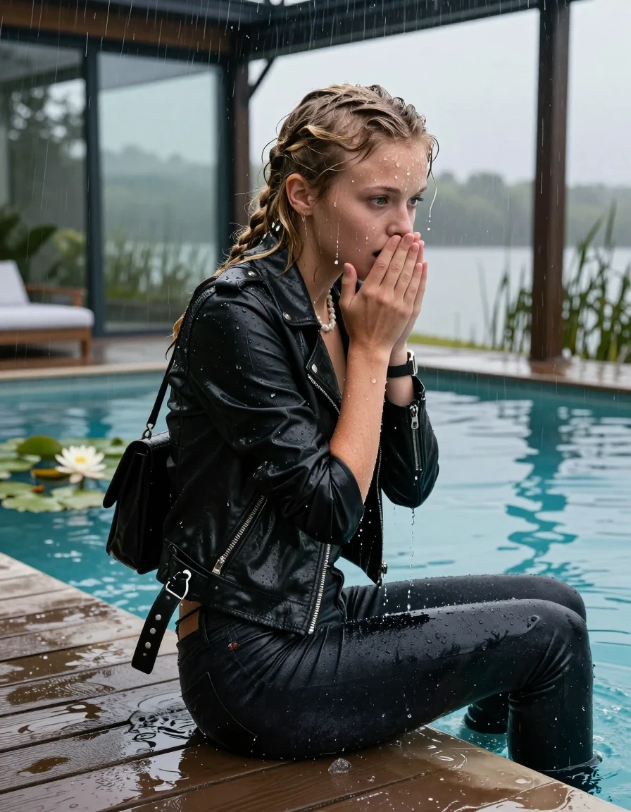 photo of young woman, in soaking wet, drenched clothes,
, Dark levis skinny jeans, Black biker leatherjacket, tight v-neck sweater, shoulderbag, pearl necklace, bracelet, wristwatch, jetty by the lake with water lilies and reeds, 
enjoying, wet clothes stuck to body,
detailed textures of the wet clothes, wet face, wet plastered hair,
wet, drenched, professional, high-quality details, full body view.
sharp focus, ultra-high pixel detail, realistic, high-quality, full colors, incredibly detailed, 4k, 8k, 16k, hyper-realistic, RAW photo, masterpiece, ultra-detailed, professionally color graded, professional photograph, A realistic vertical fashion photograph taken from a backward, behind-the-back angle of a 12-year-old girl sitting  and slides into a glass-walled outdoor swimming pool, facing down to the camera to show her back. She is tilting her head at camera, letting the water drench her hair so it is glued flat against her head and body. She has  blonde braided hair, completely saturated and dripping wet hair, with water cascading down her face and neck. Afraid and astonished expression. cover her mouth with her hands. big eyes. The lighting is bright and cinematic, highlighting the glistening water droplets on her skin and the saturated texture of her  casual clothes. Outside the large glass wall of the pool building, heavy rain is visible falling against the window. Soft, moody indoor lighting with reflections on the water. High-quality fashion photography style.
her clothing is soaking wet and clinging tightly to her skin, showing heavy wet folds, darkened fabric texture, and deep water-saturated Patches, her clothes are heavy from the water, water runs from her body and her clothes in streams. A lot of water also runs out of her clothes. Her clothes are darkened by the water. 
hyper-realistic wetness, high-contrast water sheen, sharp focus, 16k resolution, professional photography, realistic water physics., wet skin, wet clothes, damp fabric., wet skin, wet clothes, damp fabric