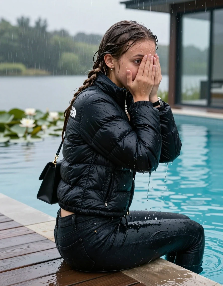 photo of young woman, in soaking wet, drenched clothes,
, Dark levis skinny jeans, Black North face puffer down jacket, tight v-neck sweater, shoulderbag, pearl necklace, bracelet, wristwatch, jetty by the lake with water lilies and reeds, 
enjoying, wet clothes stuck to body,
detailed textures of the wet clothes, wet face, wet plastered hair,
wet, drenched, professional, high-quality details, full body view.
sharp focus, ultra-high pixel detail, realistic, high-quality, full colors, incredibly detailed, 4k, 8k, 16k, hyper-realistic, RAW photo, masterpiece, ultra-detailed, professionally color graded, professional photograph, A realistic vertical fashion photograph taken from a backward, behind-the-back angle of a 12-year-old girl sitting  and slides into a glass-walled outdoor swimming pool, facing down to the camera to show her back. She is tilting her head at camera, letting the water drench her hair so it is glued flat against her head and body. She has Sleek long straight hair with braids, completely saturated and dripping wet hair, with water cascading down her face and neck. Afraid and astonished expression. cover her whole face with her hands. big eyes. The lighting is bright and cinematic, highlighting the glistening water droplets on her skin and the saturated texture of her  casual clothes. Outside the large glass wall of the pool building, heavy rain is visible falling against the window. Soft, moody indoor lighting with reflections on the water. High-quality fashion photography style.
her clothing is soaking wet and clinging tightly to her skin, showing heavy wet folds, darkened fabric texture, and deep water-saturated Patches, her clothes are heavy from the water, water runs from her body and her clothes in streams. A lot of water also runs out of her clothes. Her clothes are darkened by the water. 
hyper-realistic wetness, high-contrast water sheen, sharp focus, 16k resolution, professional photography, realistic water physics., wet skin, wet clothes, damp fabric., wet skin, wet clothes, damp fabric, wet skin, wet clothes, damp fabric