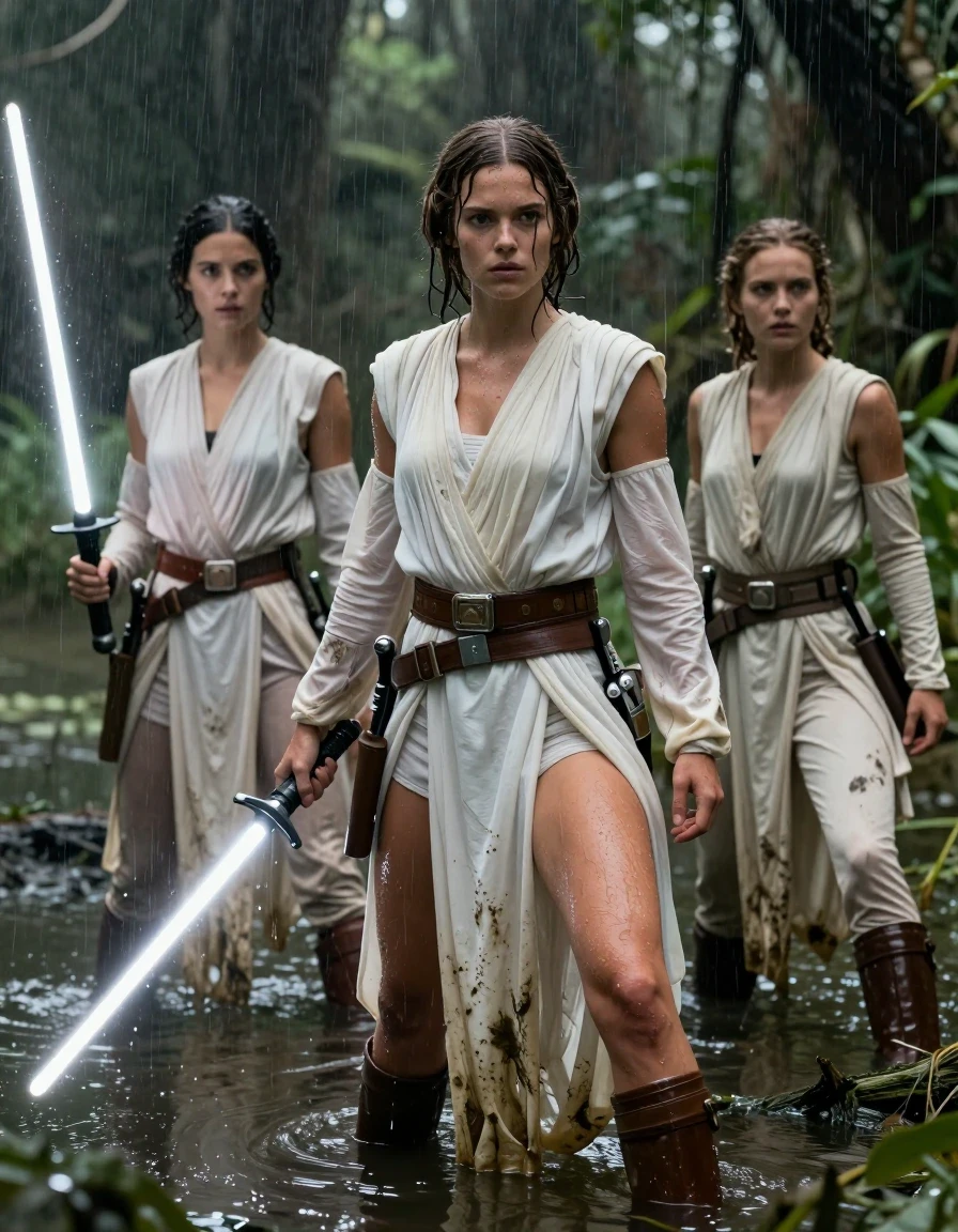 photo of young woman, in soaking wet, drenched clothes,
barefeed, star wars princess leia outfit, swamp lake, witth a dark jungle in the background, Star Wars style, 
enjoying, wet clothes stuck to body,
detailed textures of the wet clothes, wet face, wet plastered hair,
wet, drenched, professional, high-quality details, full body view.
sharp focus, ultra-high pixel detail, realistic, high-quality, full colors, incredibly detailed, 4k, 8k, 16k, hyper-realistic, RAW photo, masterpiece, ultra-detailed, professionally color graded, professional photograph, a young nordic girl wears a princess leia style white outfit an princess leia hair style. next to her stand two jedi knight girl wearing also white clothes. the girls sneaking through the swamp lake holdig Star wars light sabre. they all are ready to fight.  the clothes of the three girls are completly drenched and dirty and muddy from the swamp. the girls wear no bra. her big breasts are visible through the seethrough Dress. on the picture ist heavy rain. wet skin, wet hair, wet clothes, damp fabric, wet skin, wet clothes, damp fabric, wet skin, wet clothes, damp fabric