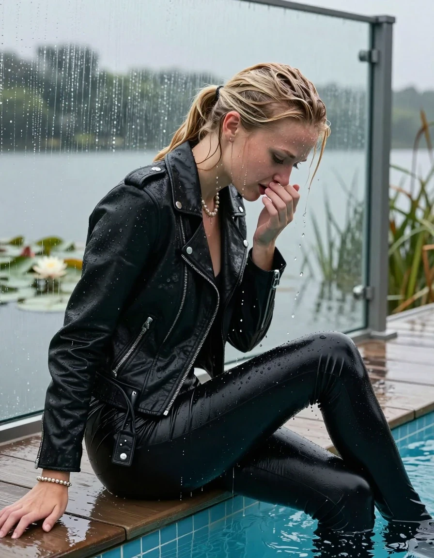 photo of young woman, in soaking wet, drenched clothes,
Black high boots, Black leatherleggings, Black biker leatherjacket, tight v-neck sweater, shoulderbag, pearl necklace, bracelet, wristwatch, jetty by the lake with water lilies and reeds, 
enjoying, wet clothes stuck to body,
detailed textures of the wet clothes, wet face, wet plastered hair,
wet, drenched, professional, high-quality details, full body view.
sharp focus, ultra-high pixel detail, realistic, high-quality, full colors, incredibly detailed, 4k, 8k, 16k, hyper-realistic, RAW photo, masterpiece, ultra-detailed, professionally color graded, professional photograph, A realistic vertical fashion photograph taken from a backward, behind-the-back angle of a 12-year-old teengirl sitting  and slides in a glass-walled outdoor swimming pool, facing down to the camera to show her back. 

She is tilting her head at camera, letting the water drench her hair so it is glued flat against her head and body. 
She has  blonde hair with a sleek ponytail with bangs, completely saturated and dripping wet hair, with water cascading down her face and neck. She has heartache, is frustrated and needs a cooling. Hold a flat hand in Front of her mouth. Slight Open mouth, half closed eyes. 

The lighting is bright and cinematic, highlighting the glistening water droplets and the saturated texture of her  casual clothes. Outside the large glass wall of the pool building, heavy rain is visible falling against the window. Soft, moody indoor lighting with reflections on the water. High-quality fashion photography style.
her clothing is soaking wet and clinging tightly to her skin, showing heavy wet folds, darkened fabric texture, and deep water-saturated Patches, her clothes are heavy from the water, water runs from her body and her clothes in streams. A lot of water also runs out of her clothes. Her clothes are darkened by the water. 
hyper-realistic wetness, high-contrast water sheen, sharp focus, 16k resolution, professional photography, realistic water physics., wet skin, wet clothes, damp fabric., wet skin, wet clothes, damp fabric, wet skin, wet clothes, damp fabric, wet skin, wet clothes, damp fabric, wet skin, wet clothes, damp fabric
