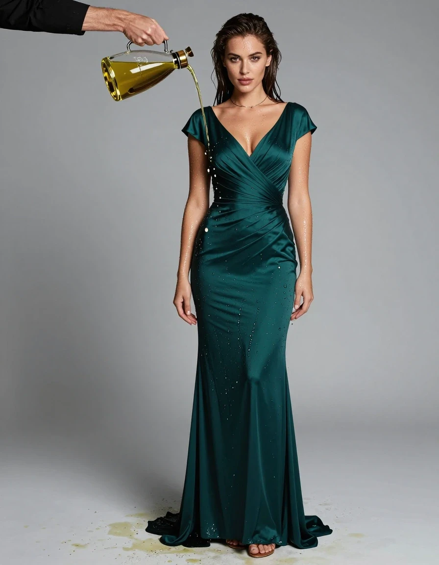photo of young woman, in soaking wet, drenched clothes,
heels, , stunning floor-length emerald teal formal gown with short cap sleeves, , A guy pouring oil over the women, 
enjoying, wet clothes stuck to body,
detailed textures of the wet clothes, wet face, wet plastered hair,
wet, drenched, professional, high-quality details, full body view.
sharp focus, ultra-high pixel detail, realistic, high-quality, full colors, incredibly detailed, 4k, 8k, 16k, hyper-realistic, RAW photo, masterpiece, ultra-detailed, professionally color graded, professional photograph, Thin plain necklace, , sexy body, wearing perfume , getting it drenched, wet skin, wet clothes, damp fabric