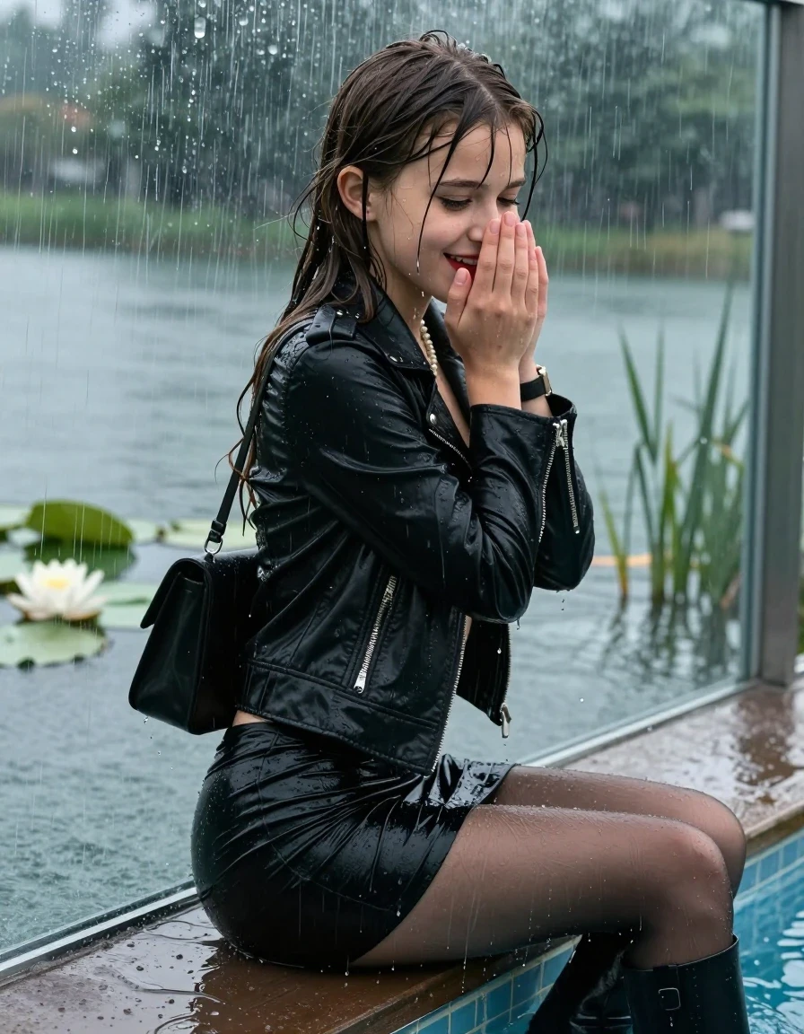 photo of young woman, in soaking wet, drenched clothes,
Black high boots, Short black mini skirt, black stockings , Black biker leatherjacket, tight sexy tshirt with wide neckline belly free, shoulderbag, pearl necklace, bracelet, wristwatch, jetty by the lake with water lilies and reeds, sitting under heavy rain, 
enjoying, wet clothes stuck to body,
detailed textures of the wet clothes, wet face, wet plastered hair,
wet, drenched, professional, high-quality details, full body view.
sharp focus, ultra-high pixel detail, realistic, high-quality, full colors, incredibly detailed, 4k, 8k, 16k, hyper-realistic, RAW photo, masterpiece, ultra-detailed, professionally color graded, professional photograph, A realistic vertical fashion photograph taken from a backward, behind-the-back angle of a Young horny cute 12-year-old teengirl sitting  and sliding in a glass-walled outdoor swimming pool, facing down at the camera to show her back. 

She is tilting her head at camera, letting the water drench her hair so it is glued flat against her head and body. 
She has brunette sleek long hair with curtain bangs completely saturated and dripping wet hair, with water cascading down her face and neck. Shy and insecure expression. She is a Little Bit fearful and Smileys embarrassed. her hands cover her nose. Open mouth, half closed eyes. Make-up, red lips, down-Running Eyeliner.

The lighting is bright and cinematic, highlighting the glistening water droplets and the saturated texture of her  casual clothes. Outside the large glass wall of the pool building, heavy rain is visible falling against the window. Soft, moody indoor lighting with reflections on the water. High-quality fashion photography style.
her clothing is soaking wet and clinging tightly to her skin, showing heavy wet folds, darkened fabric texture, and deep water-saturated Patches, her clothes are heavy from the water, water runs from her body and her clothes in streams. A lot of water also runs out of her clothes. Her clothes are darkened by the water. 
hyper-realistic wetness, high-contrast water sheen, sharp focus, 16k resolution, professional photography, realistic water physics., wet skin, wet clothes, damp fabric., wet skin, wet clothes, damp fabric, wet skin, wet clothes, damp fabric, wet skin, wet clothes, damp fabric, wet skin, wet clothes, damp fabric, wet skin, wet clothes, damp fabric