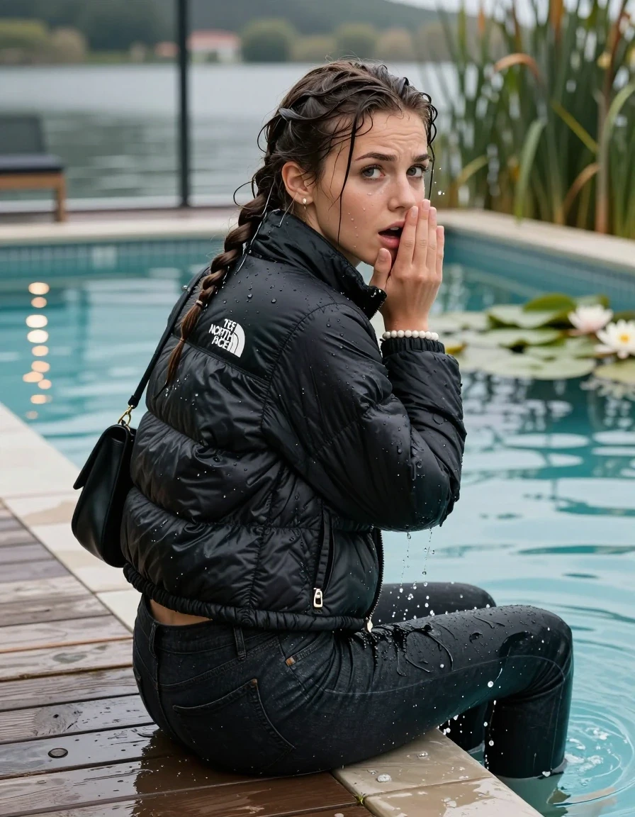 photo of young woman, in soaking wet, drenched clothes,
, Dark levis skinny jeans, Black North face puffer down jacket, tight v-neck sweater, shoulderbag, pearl necklace, bracelet, wristwatch, jetty by the lake with water lilies and reeds, 
enjoying, wet clothes stuck to body,
detailed textures of the wet clothes, wet face, wet plastered hair,
wet, drenched, professional, high-quality details, full body view.
sharp focus, ultra-high pixel detail, realistic, high-quality, full colors, incredibly detailed, 4k, 8k, 16k, hyper-realistic, RAW photo, masterpiece, ultra-detailed, professionally color graded, professional photograph, A realistic vertical fashion photograph taken from a backward, behind-the-back angle of a Young Child sitting  and slides into a glass-walled outdoor swimming pool, facing to the camera to show her back. She is tilting her head at camera, letting the water drench her hair so it is glued flat against her head and body. She has completely saturated and dripping wet braided hair, with water cascading down her neck. Afraid and astonished expression. Hold her hands on her mouth. Big eyes. The lighting is bright and cinematic, highlighting the glistening water droplets on the saturated texture of her  casual clothes. Outside the large glass wall of the pool building, sunshine. Soft, moody indoor lighting with reflections on the water. High-quality fashion photography style.
her clothing is soaking wet and clinging tightly to her skin, showing heavy wet folds, darkened fabric texture, and deep water-saturated Patches, her clothes are heavy from the water, water runs from her body and her clothes in streams. A lot of water also runs out of her clothes. Her clothes are darkened by the water. 
hyper-realistic wetness, high-contrast water sheen, sharp focus, 16k resolution, professional photography, realistic water physics., wet skin, wet clothes, damp fabric., wet skin, wet clothes, damp fabric, wet skin, wet clothes, damp fabric, wet skin, wet clothes, damp fabric, wet skin, wet clothes, damp fabric, wet skin, wet clothes, damp fabric, wet skin, wet clothes, damp fabric