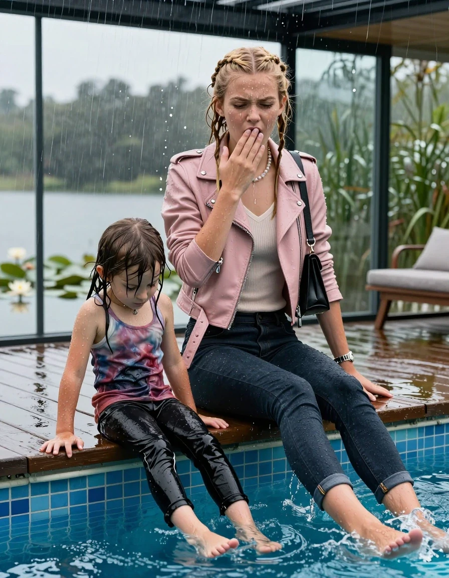 photo of young woman, in soaking wet, drenched clothes,
Pumps, Dark levis skinny jeans, Light pink and black biker leatherjacket, tight v-neck sweater, shoulderbag, pearl necklace, bracelet, wristwatch, jetty by the lake with water lilies and reeds, 
enjoying, wet clothes stuck to body,
detailed textures of the wet clothes, wet face, wet plastered hair,
wet, drenched, professional, high-quality details, full body view.
sharp focus, ultra-high pixel detail, realistic, high-quality, full colors, incredibly detailed, 4k, 8k, 16k, hyper-realistic, RAW photo, masterpiece, ultra-detailed, professionally color graded, professional photograph, A realistic vertical fashion photograph taken from a backward, behind-the-back angle of two 12-year-old girls with different outfits sitting  and slides into a glass-walled outdoor swimming pool, facing down to the camera to show her back. She is tilting her head at camera, letting the water drench her hair so it is glued flat against her head and body. She has  blonde braided hair, completely saturated and dripping wet hair, with water cascading down her face and neck. Afraid and astonished expression. hands on her mouth, half closed eyes. The lighting is bright and cinematic, highlighting the glistening water droplets on her skin and the saturated texture of her  casual clothes. Outside the large glass wall of the pool building, heavy rain is visible falling against the window. Soft, moody indoor lighting with reflections on the water. High-quality fashion photography style.
her clothing is soaking wet and clinging tightly to her skin, showing heavy wet folds, darkened fabric texture, and deep water-saturated Patches, her clothes are heavy from the water, water runs from her body and her clothes in streams. A lot of water also runs out of her clothes. Her clothes are darkened by the water. 
hyper-realistic wetness, high-contrast water sheen, sharp focus, 16k resolution, professional photography, realistic water physics., wet skin, wet clothes, damp fabric., wet skin, wet clothes, damp fabric, wet skin, wet clothes, damp fabric