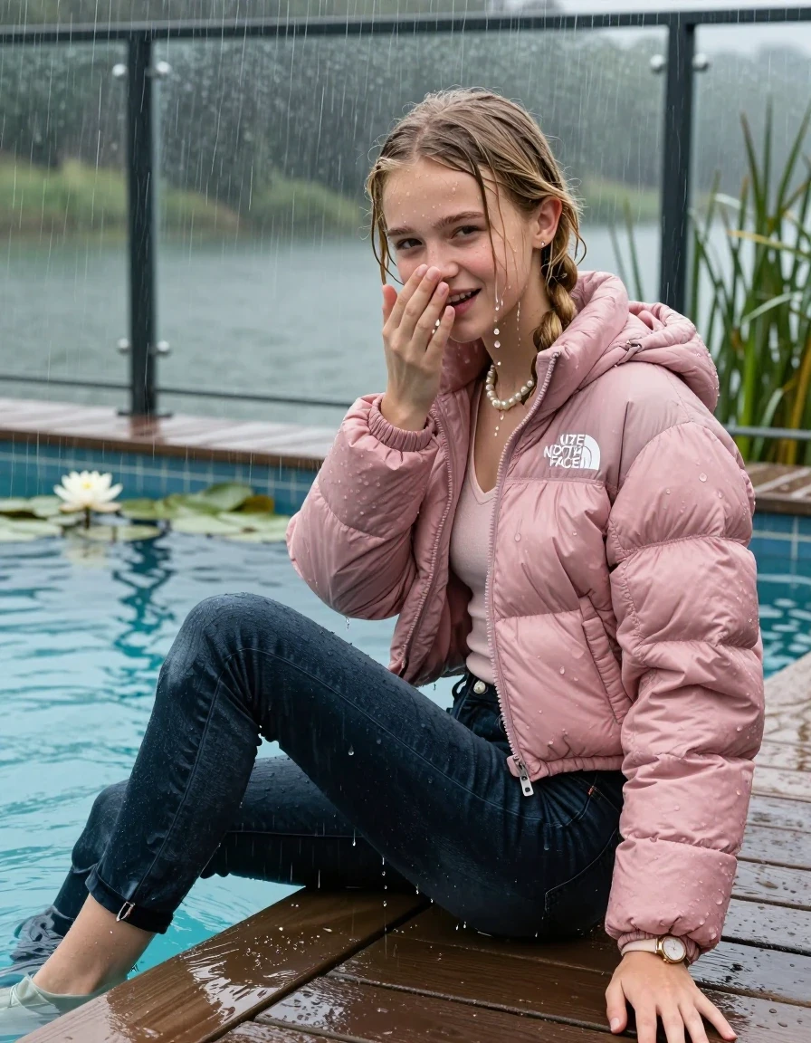 photo of young woman, in soaking wet, drenched clothes,
Court shoes, Dark tight skinny Levi’s Jeans , Pink North face puffer down jacket, tight v-neck sweater, shoulderbag, pearl necklace, bracelet, wristwatch, jetty by the lake with water lilies and reeds, sitting under heavy rain, 
enjoying, wet clothes stuck to body,
detailed textures of the wet clothes, wet face, wet plastered hair,
wet, drenched, professional, high-quality details, full body view.
sharp focus, ultra-high pixel detail, realistic, high-quality, full colors, incredibly detailed, 4k, 8k, 16k, hyper-realistic, RAW photo, masterpiece, ultra-detailed, professionally color graded, professional photograph, A realistic vertical fashion photograph taken from a backward, behind-the-back angle of a Young horny 12-year-old teengirl sitting  and slides in a glass-walled outdoor swimming pool, facing to the camera to show her back. 

She is tilting her head at camera, letting the water drench her hair so it is glued flat against her head and body. 
She has  blonde pigtails, completely saturated and dripping wet hair, with water cascading down her face and neck. Shy and insecure expression. She is a Little Bit fearful and Smileys embarrassed. Hold her flat hand in Front of her mouth and nose. Slight Open mouth, half closed eyes. 

The lighting is bright and cinematic, highlighting the glistening water droplets and the saturated texture of her  casual clothes. Outside the large glass wall of the pool building, heavy rain is visible falling against the window. Soft, moody indoor lighting with reflections on the water. High-quality fashion photography style.
her clothing is soaking wet and clinging tightly to her skin, showing heavy wet folds, darkened fabric texture, and deep water-saturated Patches, her clothes are heavy from the water, water runs from her body and her clothes in streams. A lot of water also runs out of her clothes. Her clothes are darkened by the water. 
hyper-realistic wetness, high-contrast water sheen, sharp focus, 16k resolution, professional photography, realistic water physics., wet skin, wet clothes, damp fabric., wet skin, wet clothes, damp fabric, wet skin, wet clothes, damp fabric, wet skin, wet clothes, damp fabric, wet skin, wet clothes, damp fabric